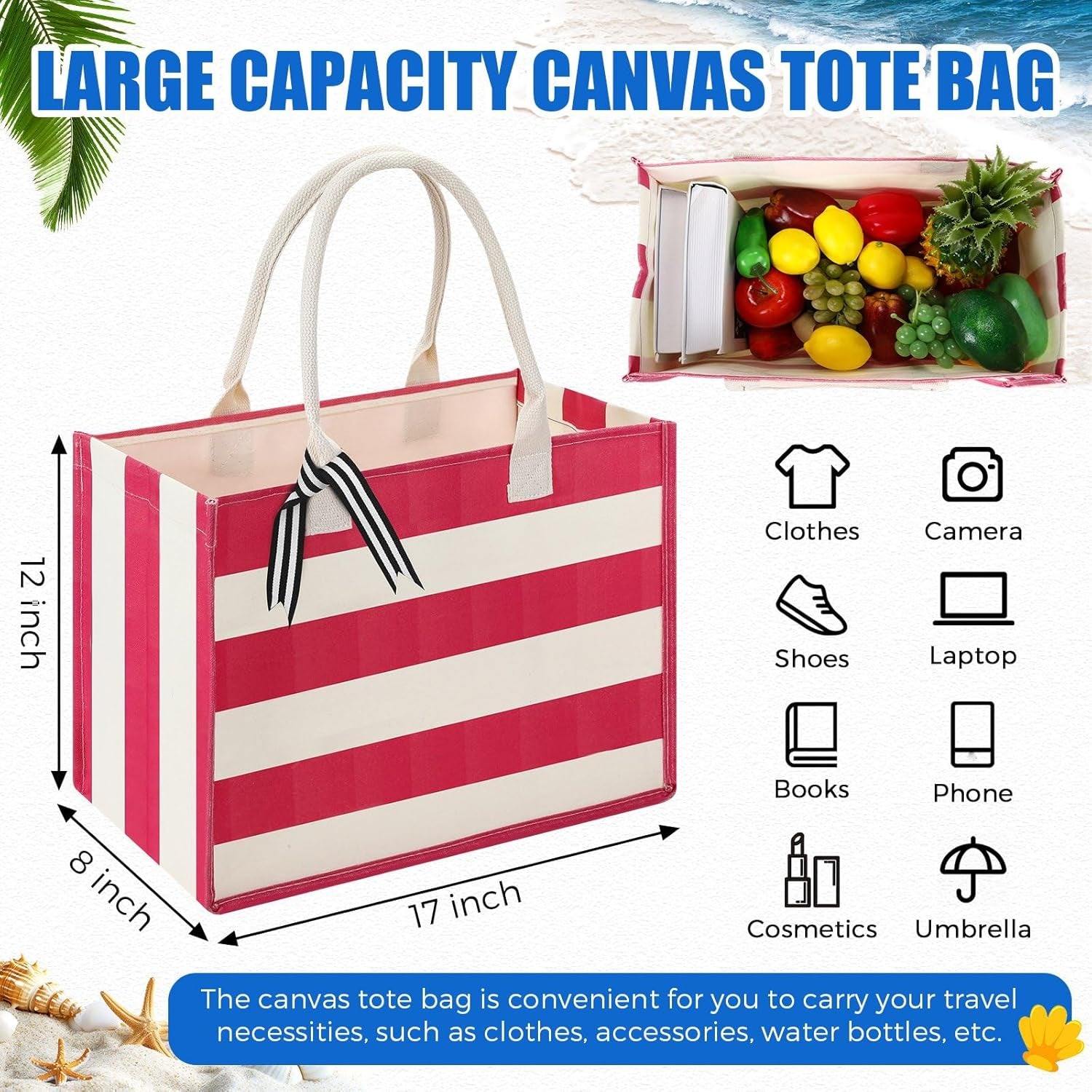 10 Pcs Canvas Tote Bags Bulk for Women Canvas 17 X 12 X 8 Inch Waterproof Stripe Sandproof Large Beach Tote Bags with Handle for Wedding Bridesmaid Birthday Summer