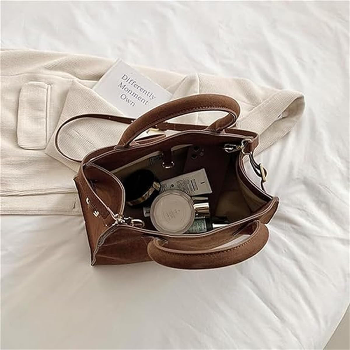 Suede Vintage Tote Bag for Women,Large Capacity Fashion Retro Shoulder Satchel,Adjustable Strap Faux Leather Top Crossbody