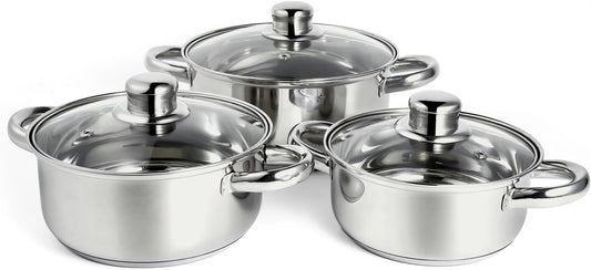 6-Piece Cookware Set, Stainless Steel Cookware Pot with 3 Tempered Glass Lids,Stay-Cool Handle, Non-Stick Saucepans Easy to Wash, Dishwasher/Oven Safe, Compatible W/Induction/Electric/Gas Cooktops