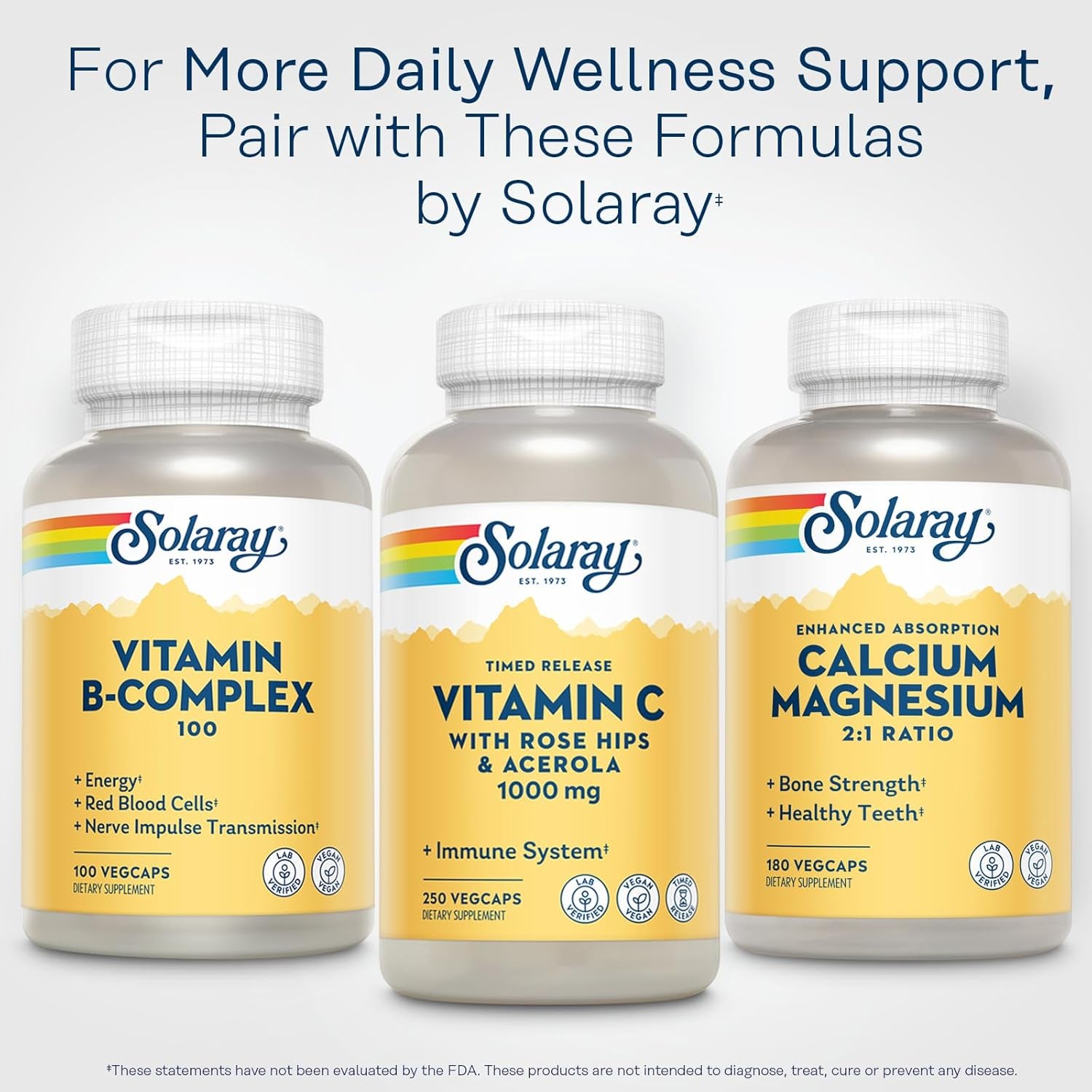SOLARAY Calcium Magnesium Supplement, Magnesium & Calcium Supplements for Women and Men, 2:1 Ratio, Bone Health & Strength, Vegan, High Absorption, 60-Day Guarantee, 45 Servings, 180 Vegcaps