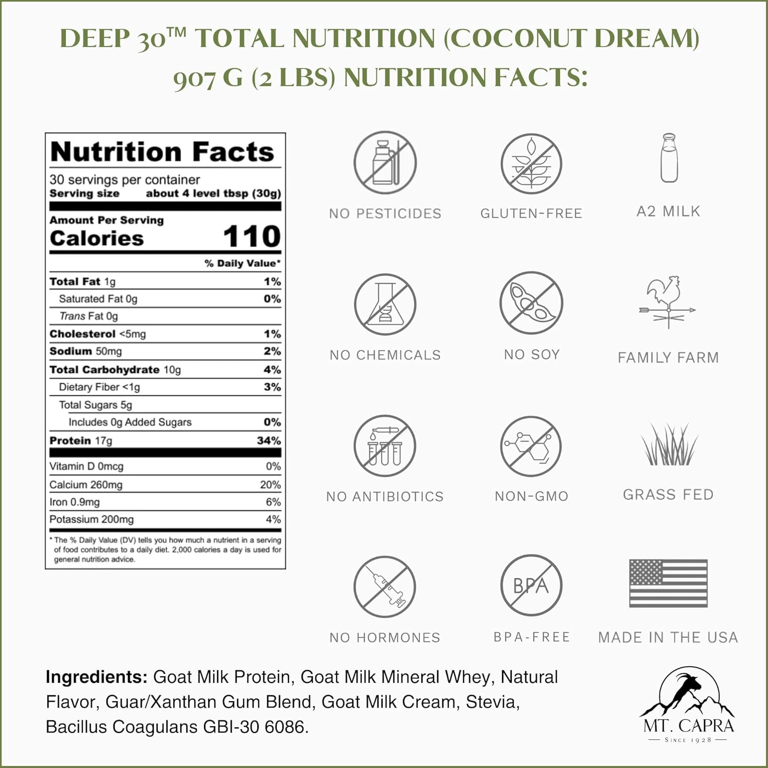 Mt. Capra Deep 30 | Meal Replacement Shake, Goat Protein Powder with Grass-Fed Whey Protein, Casein Protein, Minerals, and BC-30 Probiotics | Coconut Dream | 30 Servings - 2 Pounds