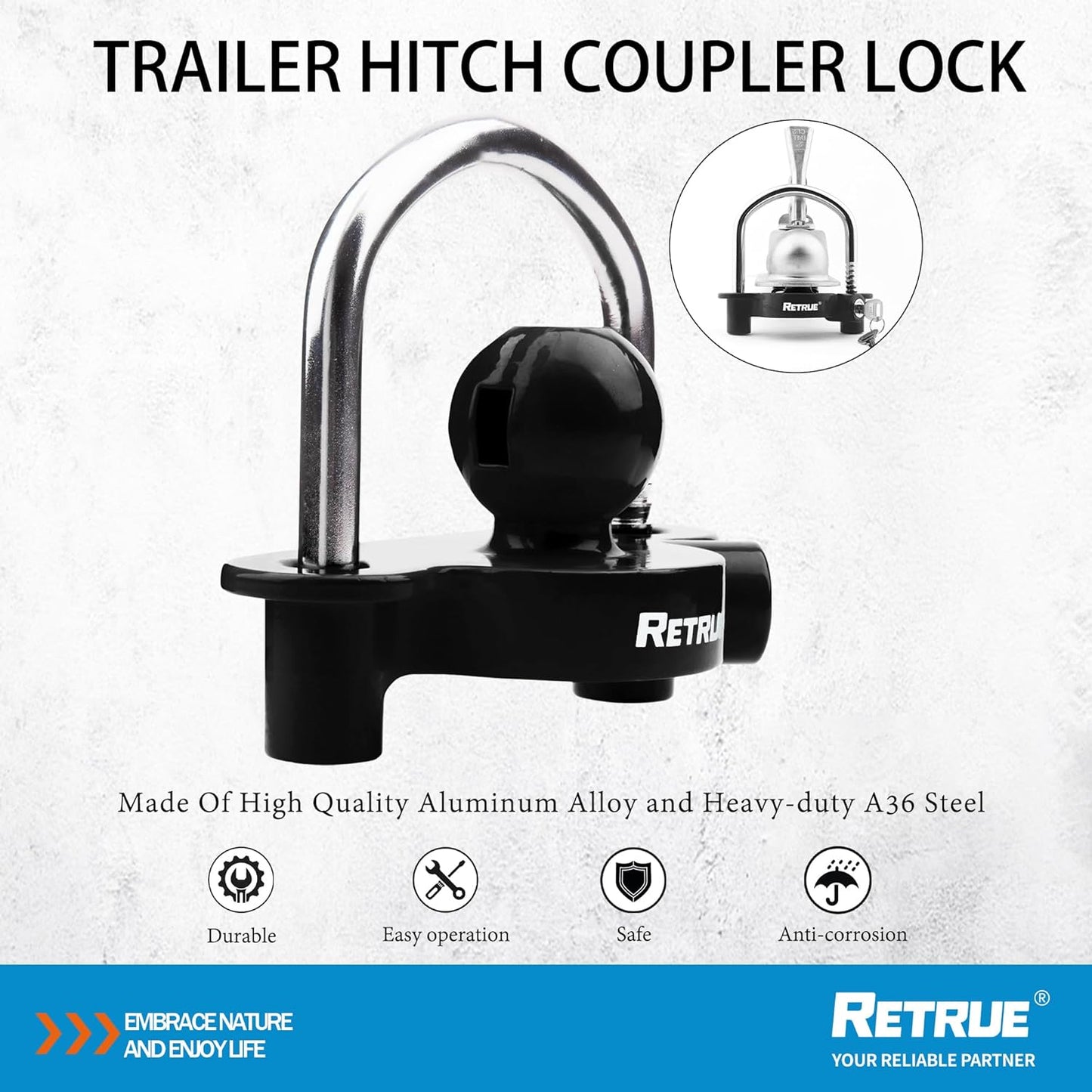 Universal Coupler Lock Trailer Locks Ball Hitch Trailer Hitch Lock Adjustable Security Heavy-Duty Steel Fits 1-7/8 Inch, 2 Inch, 2-5/16 Inch Couplers Black