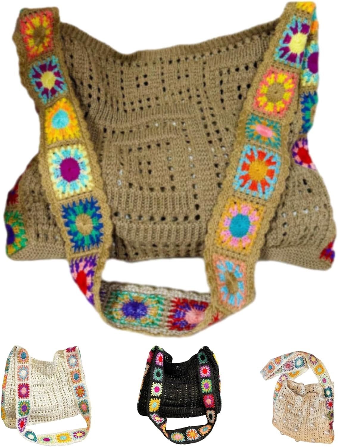 Women'S Boho Embroidery Crossbody Bag Hollow Out Crochet Knit Shoulder Bag Knited Bag Handbag Summer Beach Tote