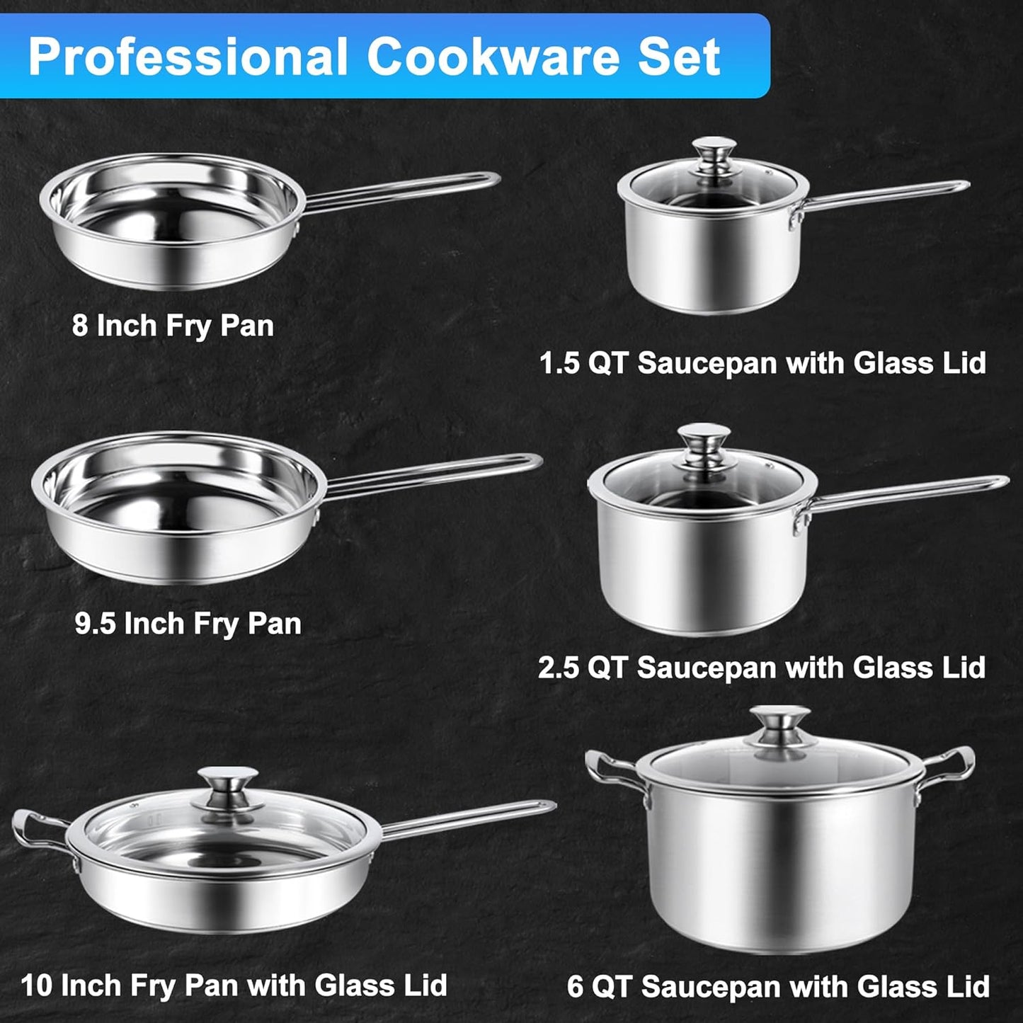 10-Piece Stainless Steel Pots and Pans Set, Kitchen Cookware Sets, Induction Pots and Pans, Cooking Set with Glass Lids, Frying Pans & Saucepan Compatible with All Stovetops