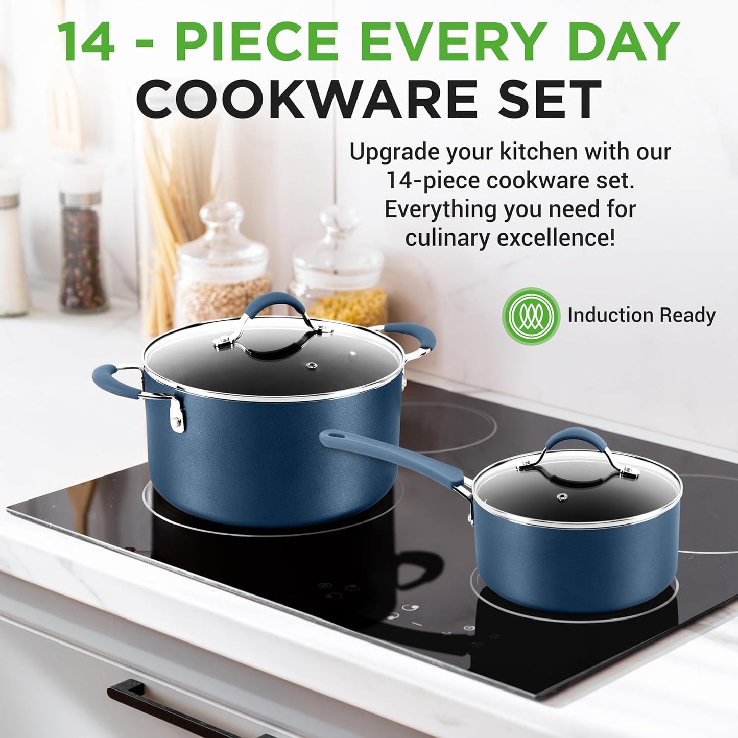 Nutrichef 14-Piece Navy Blue Cookware Set - Durable Non-Stick Pots and Pans Set with Lids & Utensils, Compatible with All Cooktops