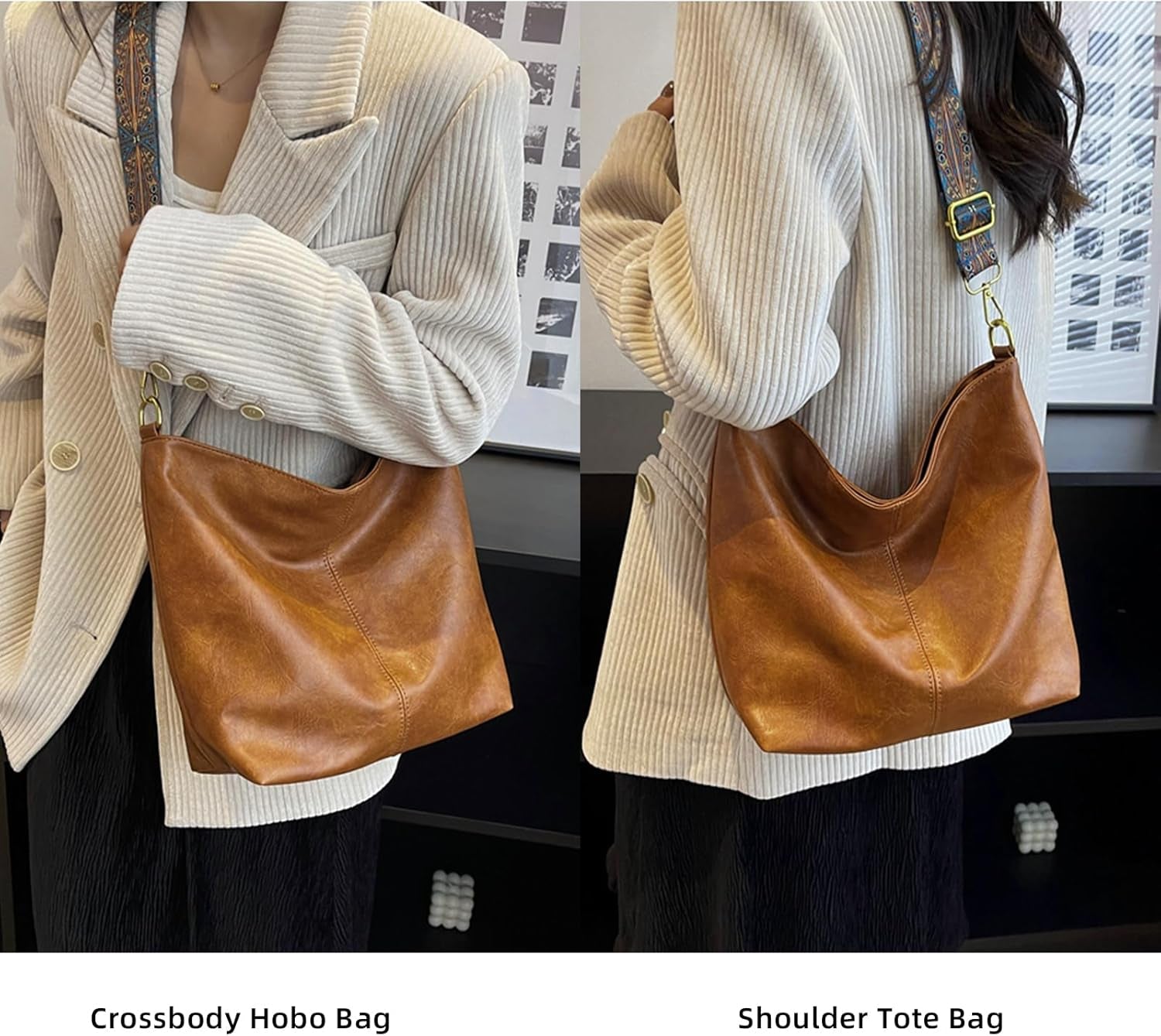 Hobo Bags for Women Crossbody Purse Vegan Leather Shoulder Handbag Guitar Strap Purses Boho Tote Work Bucket Bag