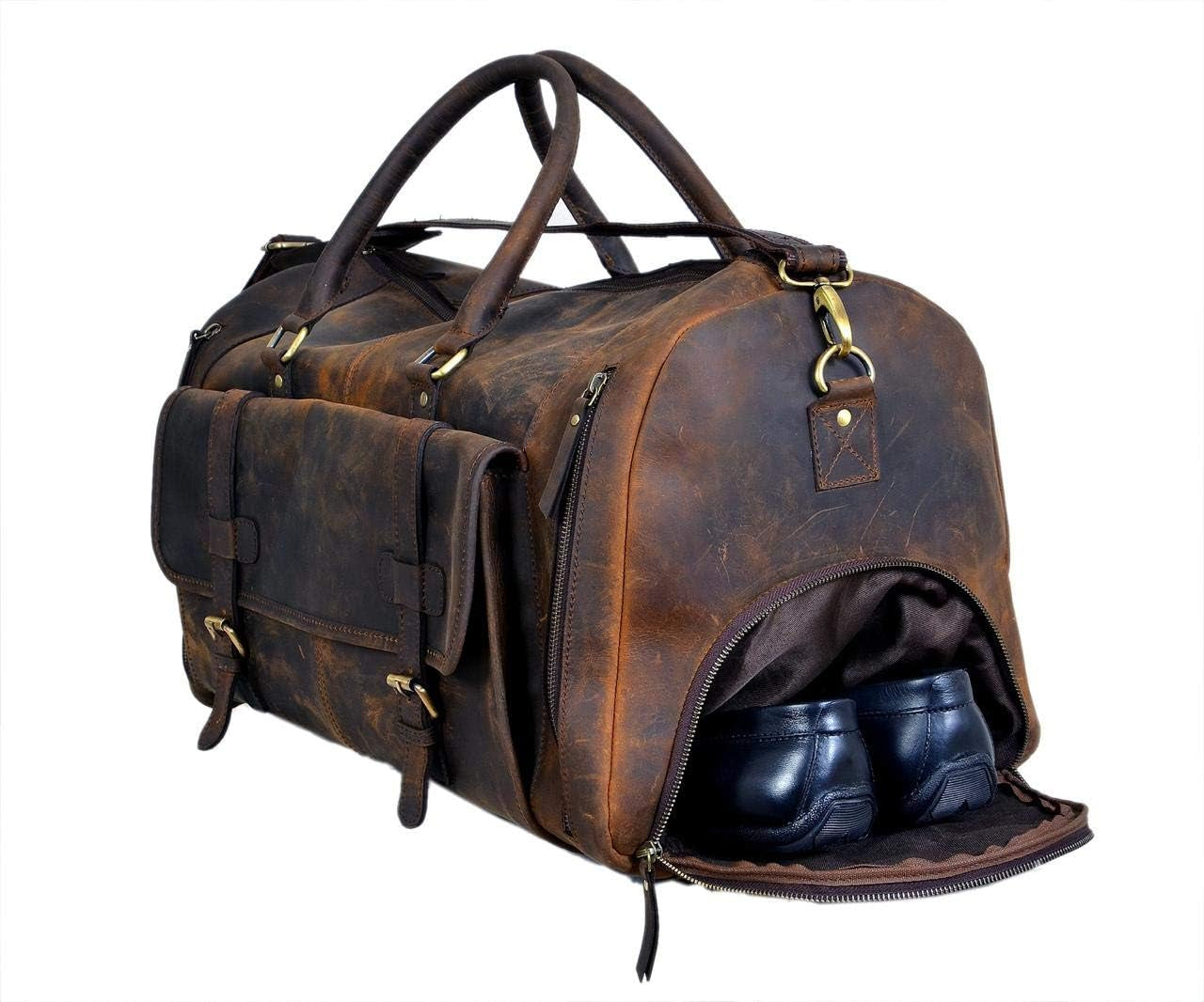 24 Inch Genuine Leather Duffle Bag for Men Travel Overnight Weekender Leather Duffel Bags Sports Gym Duffel for Men and Women Carry on Luggage for Traveling