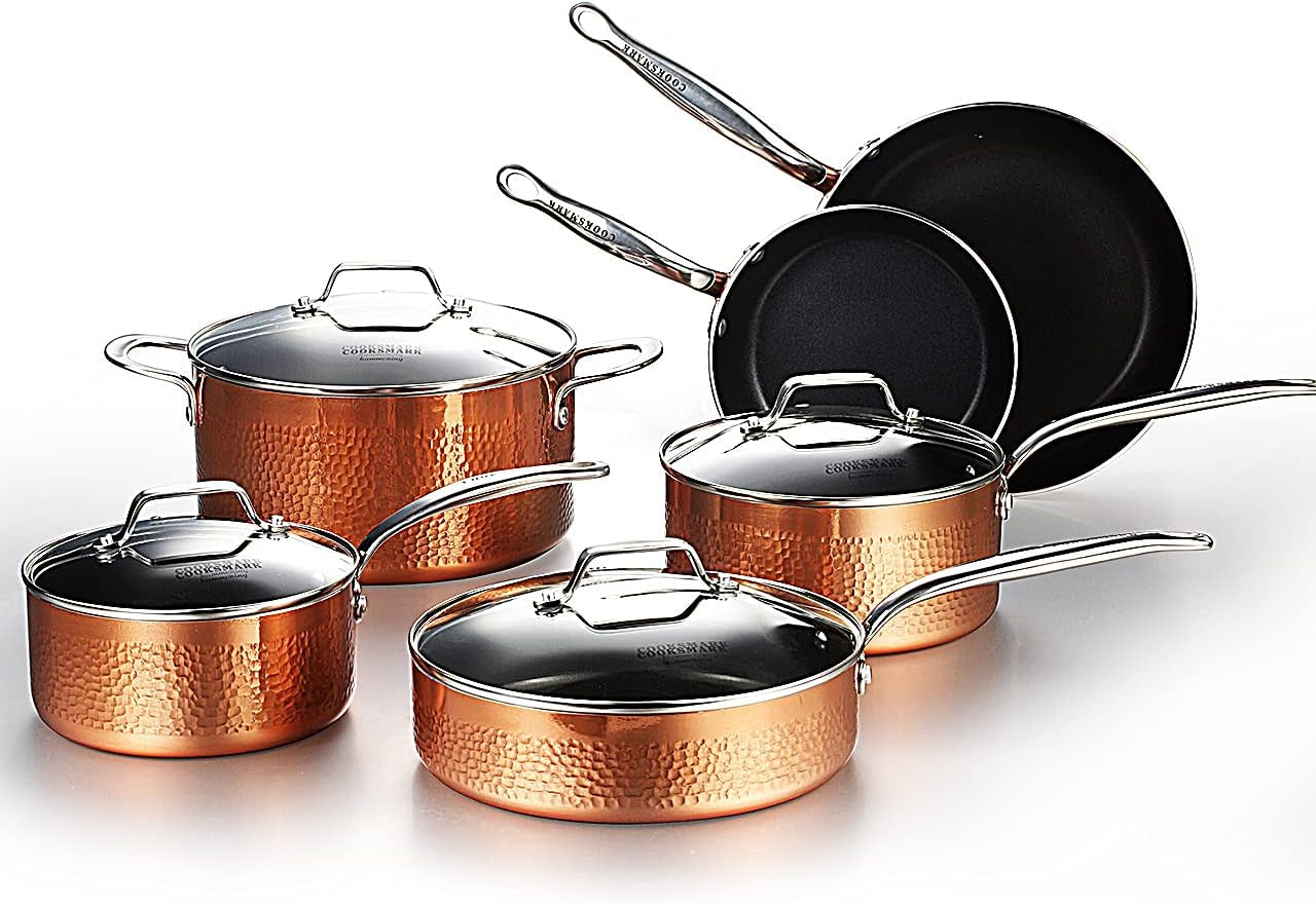 COOKSMARK 10 Piece Hammered Copper Cookware Set with Nonstick Coating, Induction Pots and Pans Set Dishwasher Safe