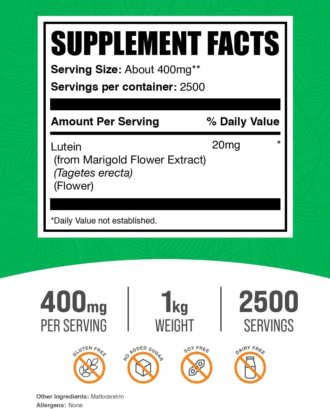 Bulksupplements.Com Lutein Powder - from Marigold Flower Extract, Eye Supplement, Lutein 20Mg - Antioxidant Source, Gluten Free, 400Mg per Serving, 1Kg (2.2 Lbs) (Pack of 1)