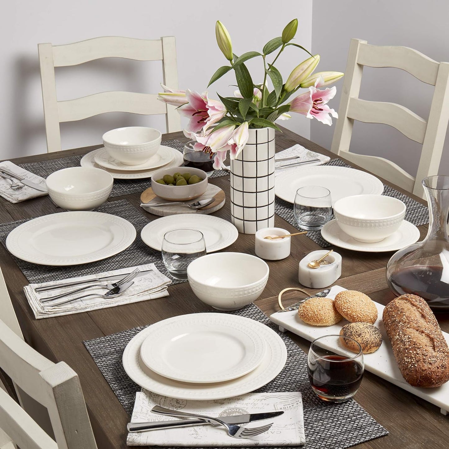 Tabletops Gallery 12 Piece Embossed White Porcelain round Dinnerware - Bloom Di