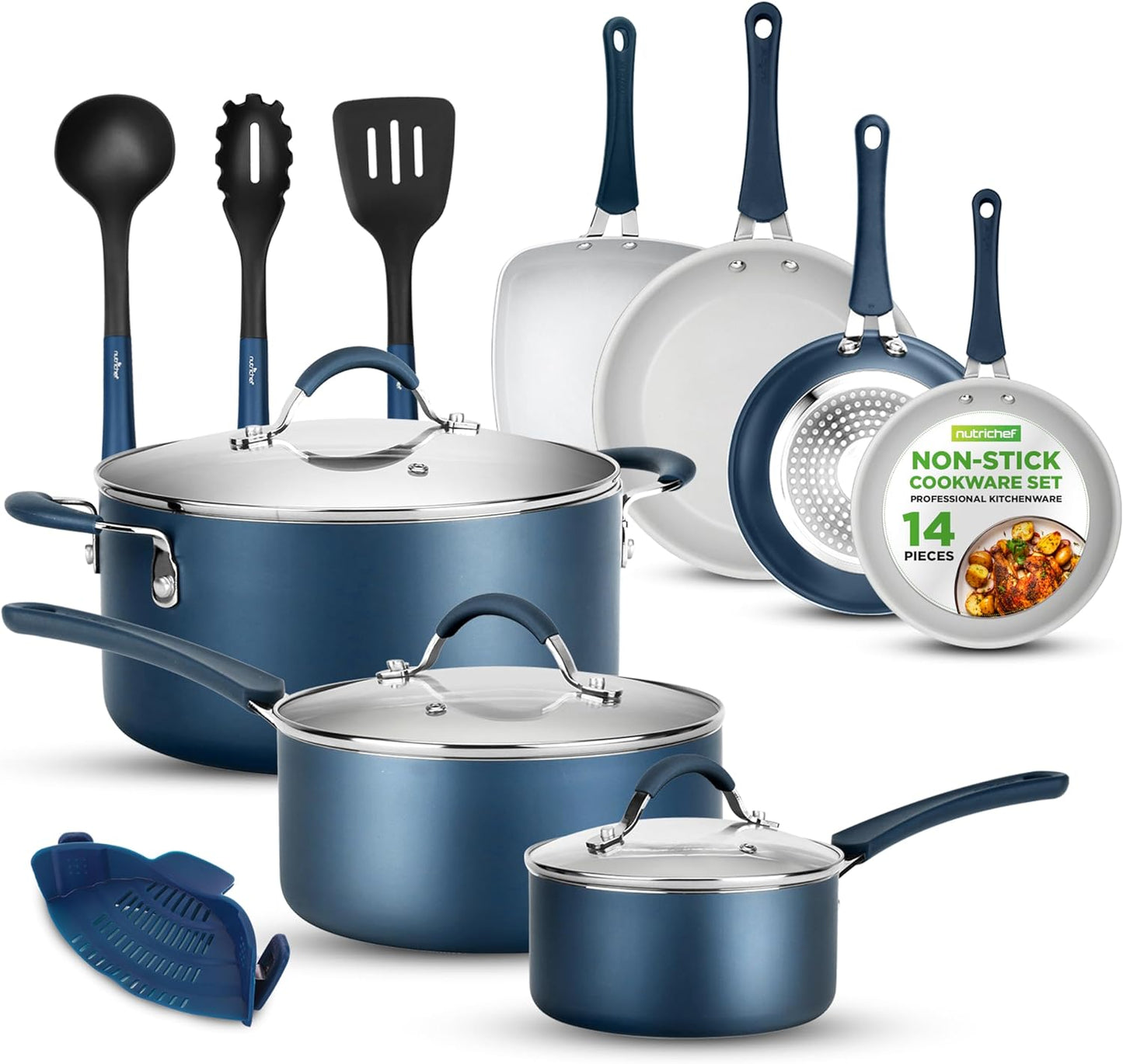 Nutrichef 14-Piece Navy Blue Cookware Set - Durable Non-Stick Pots and Pans Set with Lids & Utensils, Compatible with All Cooktops