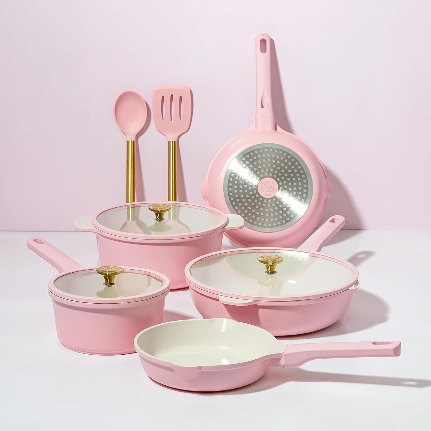 Paris Hilton Ceramic Nonstick Cookware Set, Cast Aluminum with Dual Layer Nonstick Coating, Gold Heart Knobs, Stay-Cool Handles, Made without PFAS, PFOA, PFOS & PTFE, Dishwasher Safe, 10-Piece, Pink