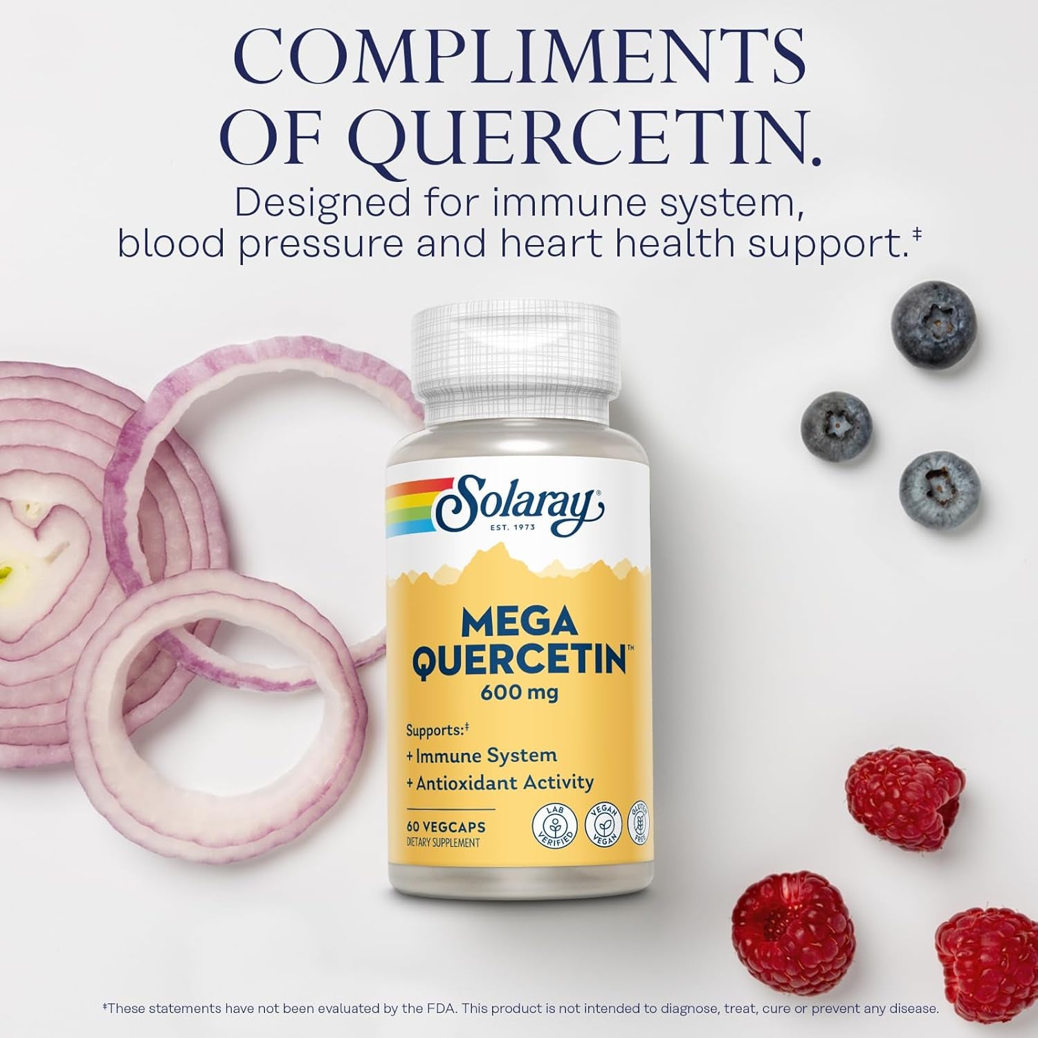 SOLARAY Mega Quercetin with Bromelain, Vitamin C and Bioflavonoids - Antioxidant and Immune Support Supplement, Hearth Health and Blood Pressure Support - Vegan, 60-Day Guarantee, 60 Serv, 60 Vegcaps