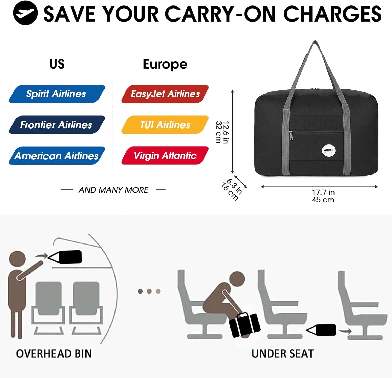 WANDF for Spirit Airlines Personal Item Bag 18X14X8 Travel Duffel Bag Underseat Foldable Carry-On Luggage for Women