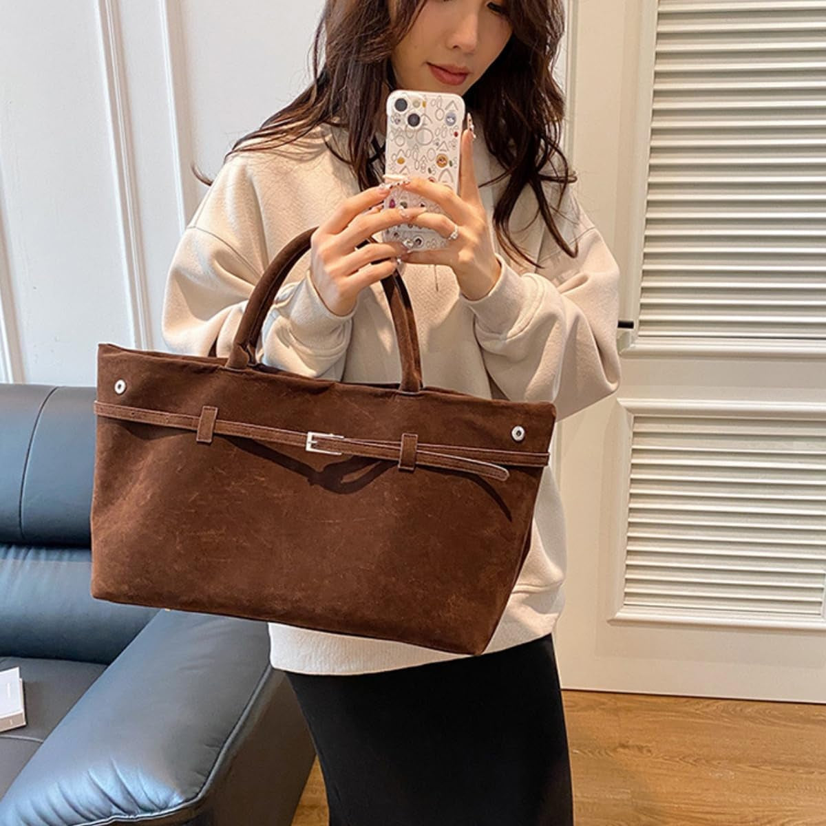 Suede Tote Bag for Women,Women'S Large Capacity Suede Top-Handle Work Hobo Handbag,Vintage Faux Suede Shoulder Satchel