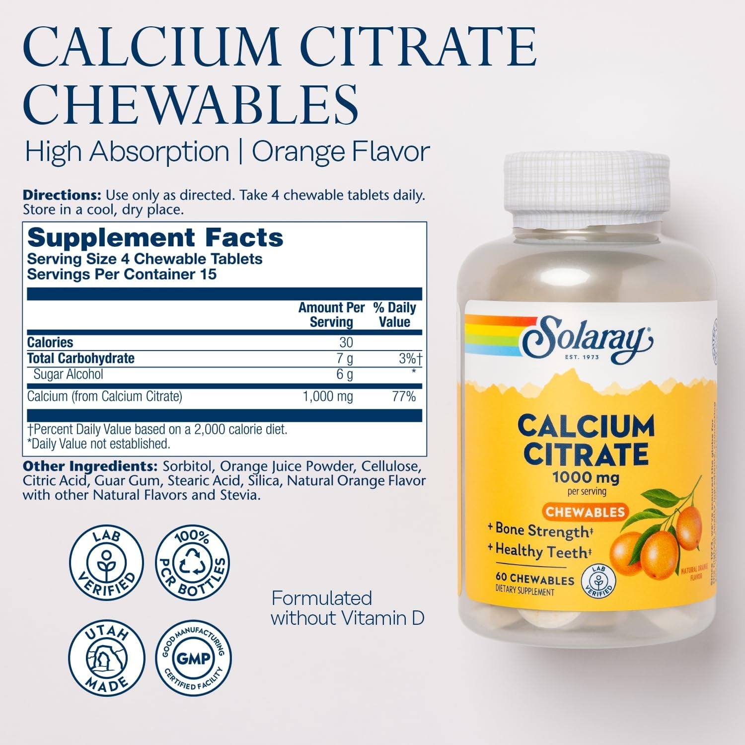 Solaray Calcium Citrate 1000 Mg, Natural Orange Flavor Chelated Calcium Supplement for Bone Strength, Teeth, Nerve, Muscle, and Heart Function Support, 60-Day Guarantee, 15 Servings, 60 Chewables