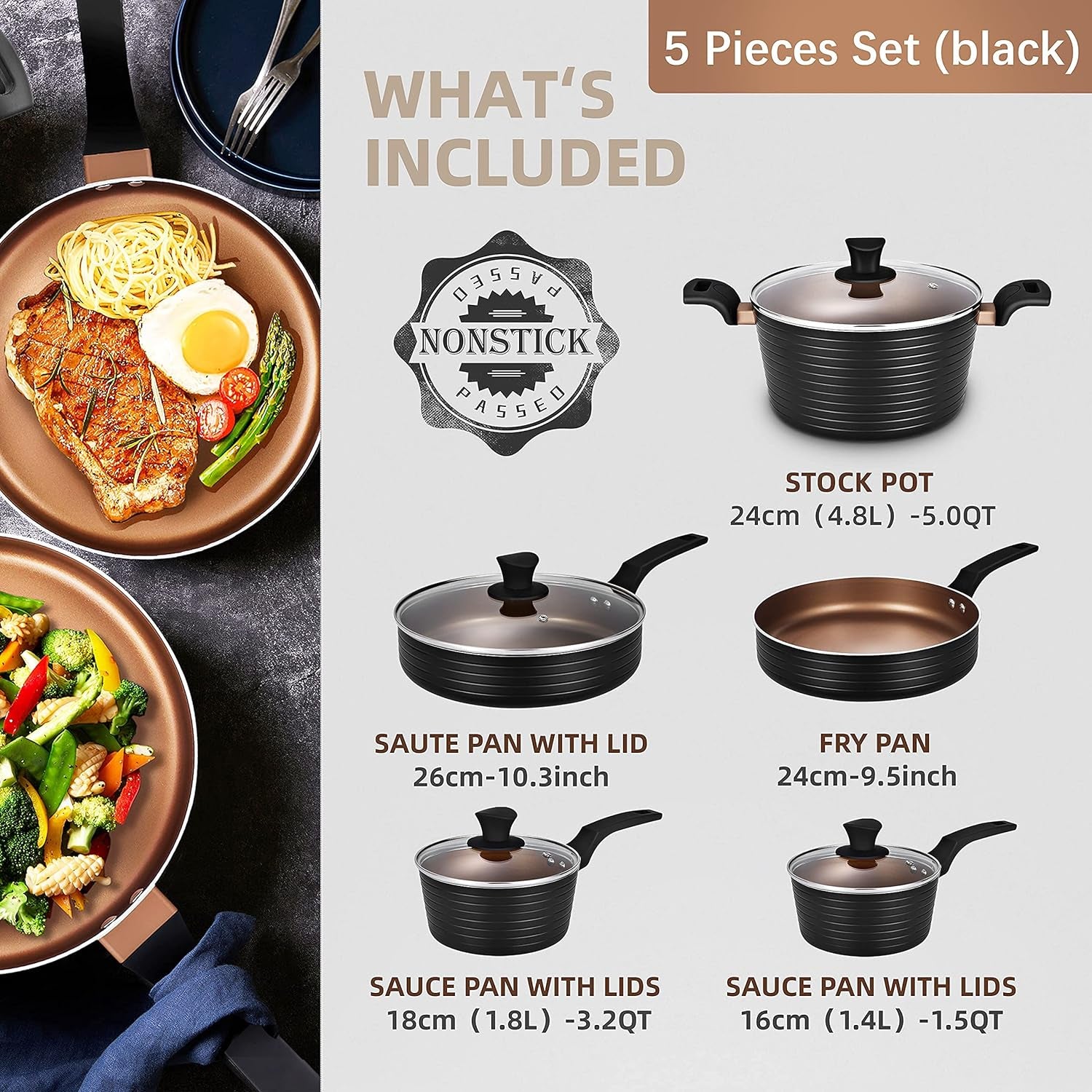 Pots and Pans Sets, Nonstick Cookware Set, Induction, Chemical-Free Kitchen Sets, Saucepan, Frying Pan, Saute Pan, Black, 9 Pieces