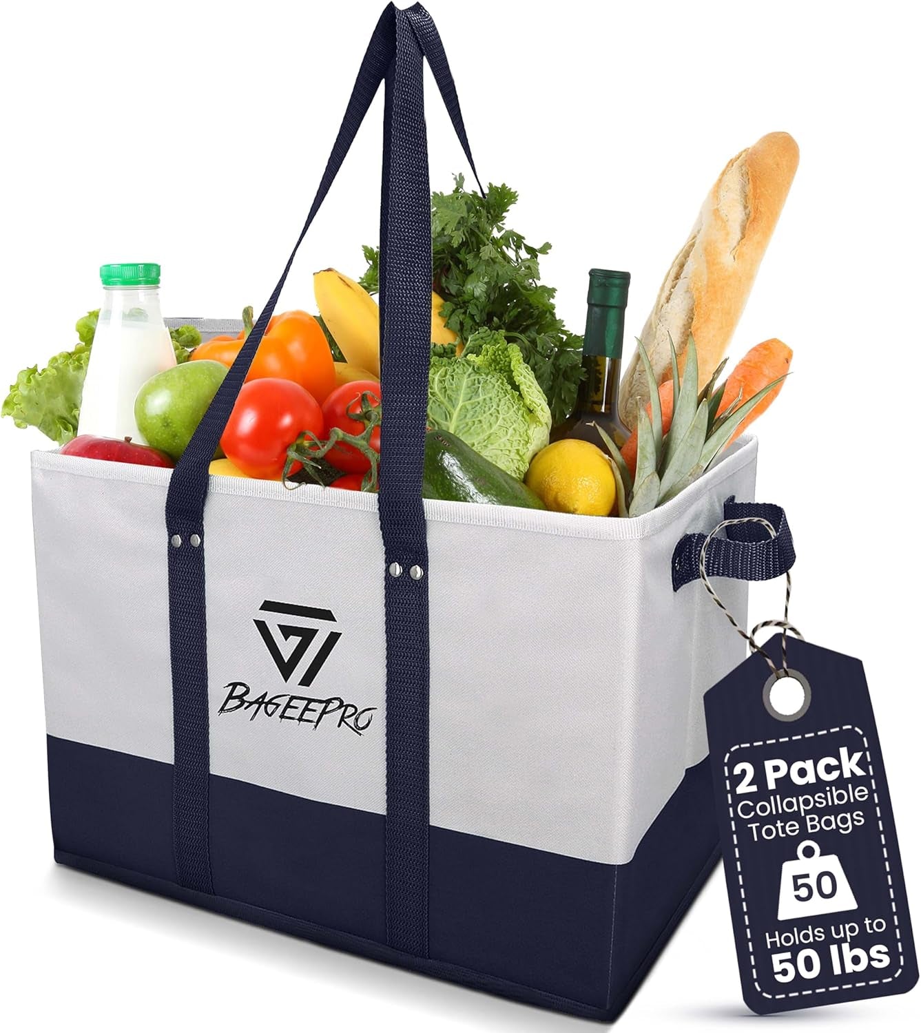 2Pack Collapsible Tote Bags | Large Reusable Grocery Bag | Heavy Duty Shopping Bag with Handles for Food and Storage