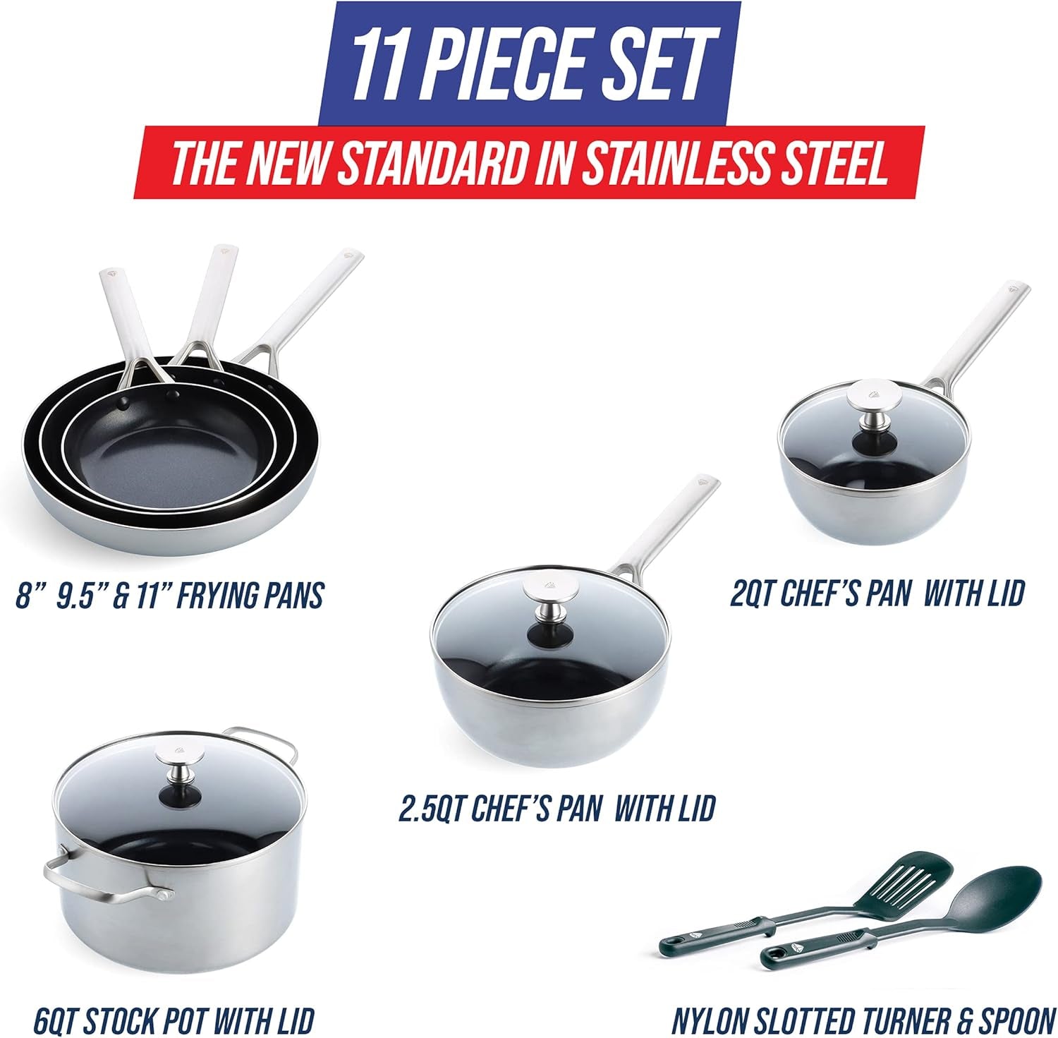 Blue Diamond 11 Piece Cookware Set, Stainless Steel Tri-Ply, Induction Compatible, Diamond Infused Ceramic Nonstick, PFOAS and PFAS Free, Dishwasher Safe, Metal Utensil Safe, Scratch Resistant, Silver