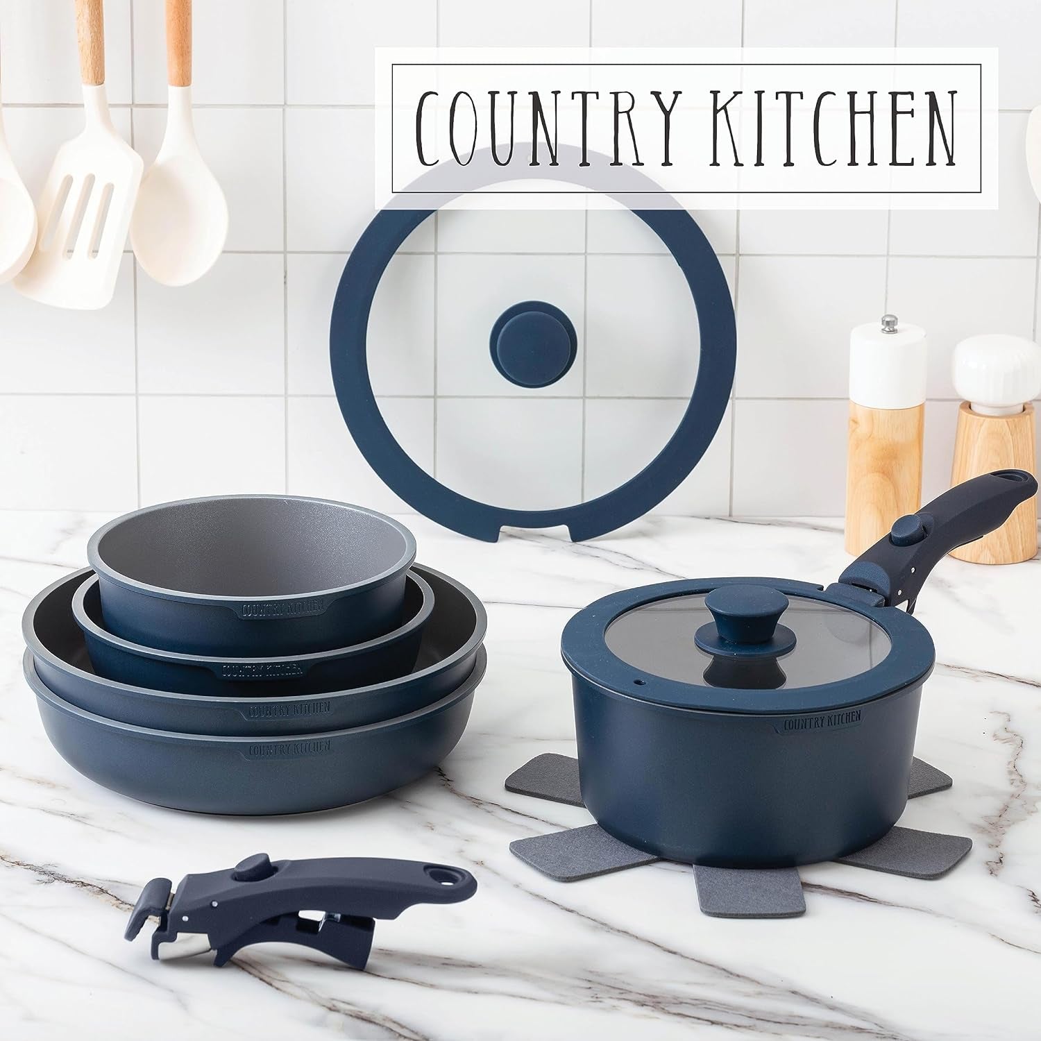 Country Kitchen 16 Piece Pots and Pans Set - Safe Healthy Ceramic Coatingnonstick Kitchen Cookware with Soft Touch Removable Handle, RV Cookware Set, Oven Safe (Denim)