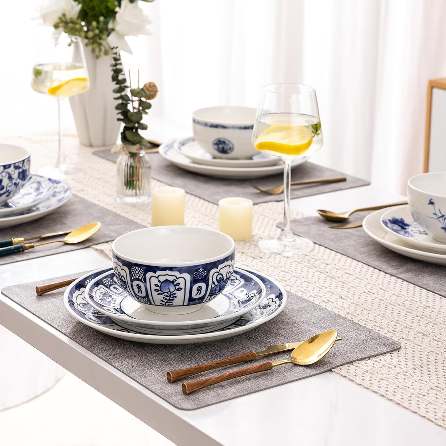 (12Pc) Ceramic Dinnerware Sets,Blue and White Plates and Bowls Set,Highly Chip A