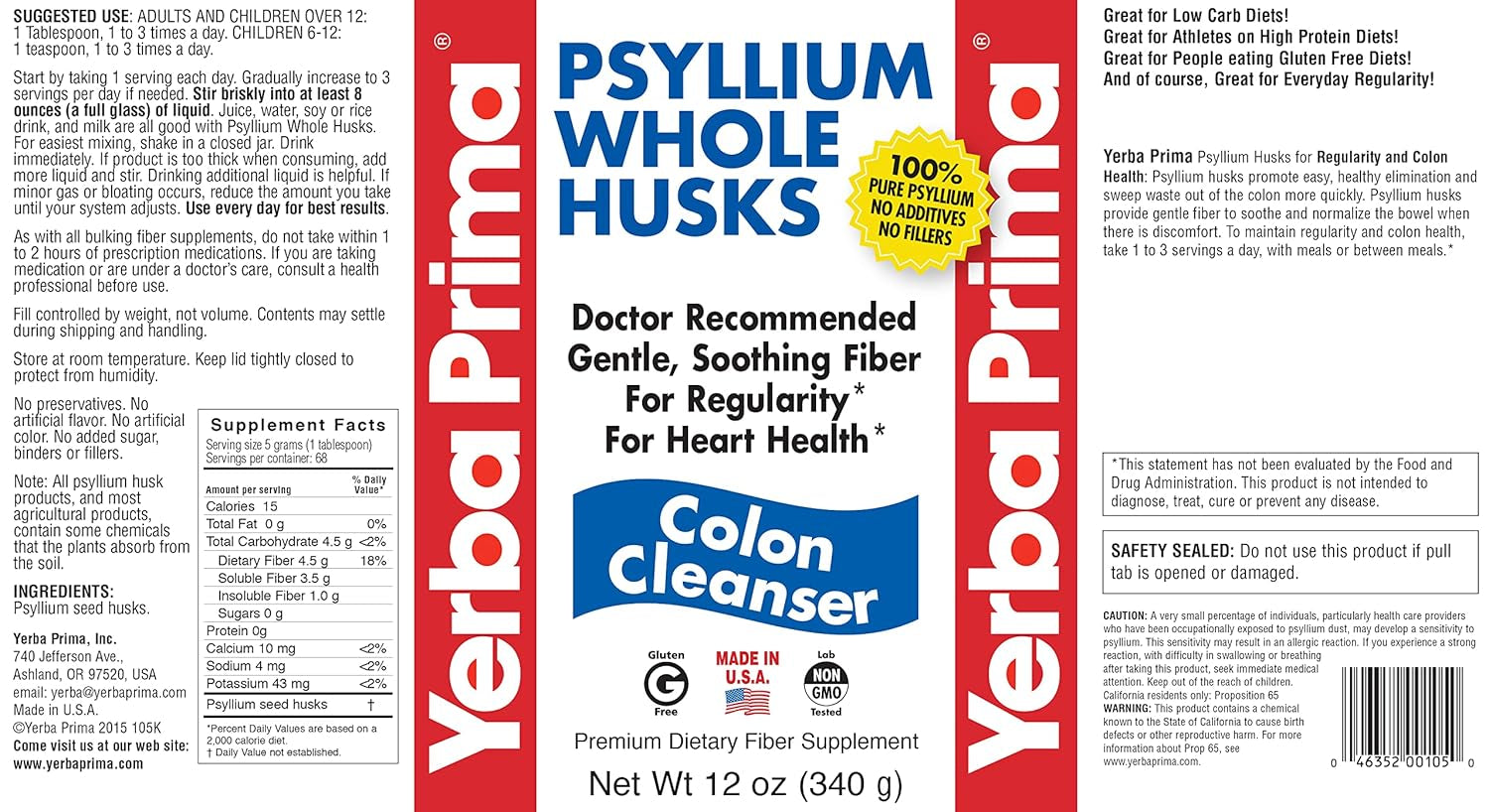 Yerba Prima Psyllium Husk, 12 Ounce - Whole Husk Fiber Supplement, Vegan, No Sugar or Artificial Sweeteners, Non GMO, Gluten Free
