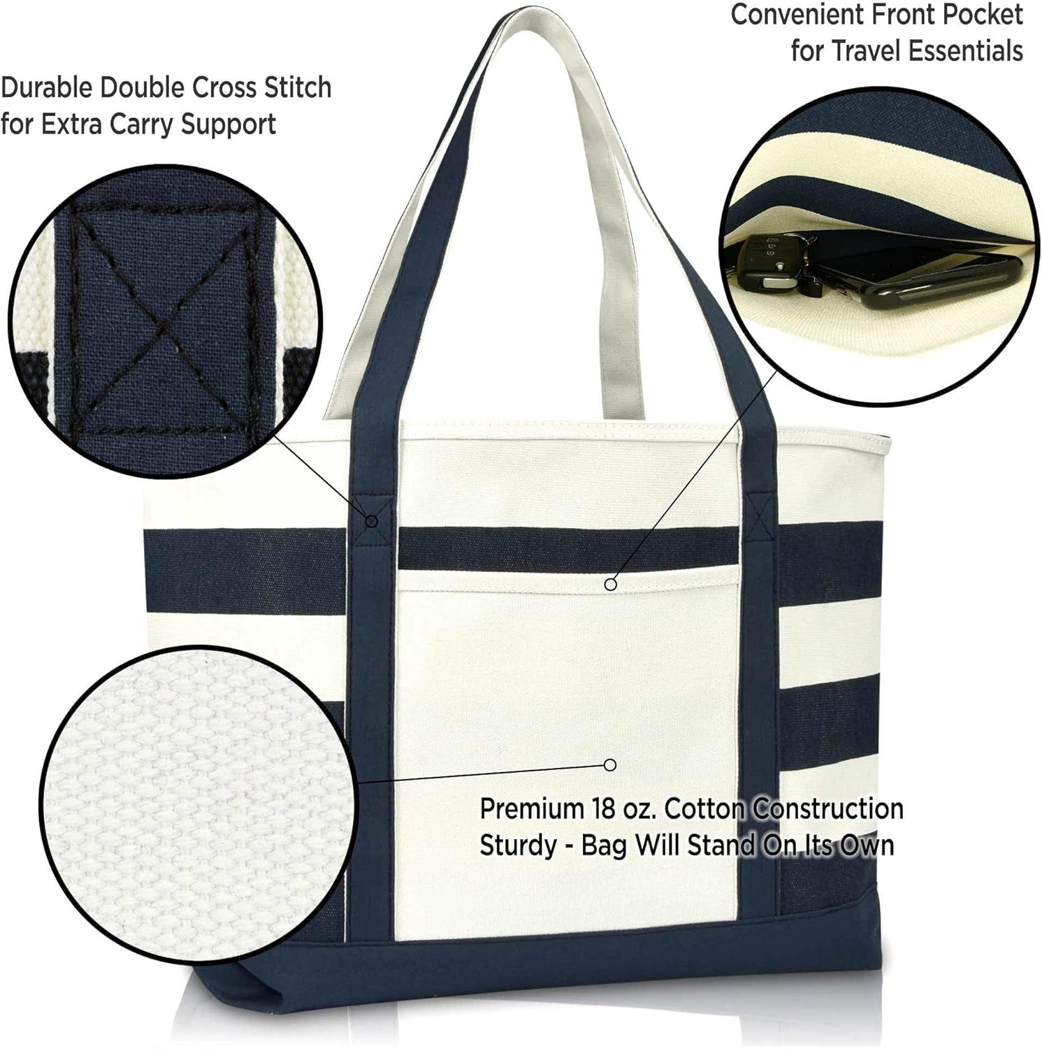 Anchor with Rope Womens Embroidered Striped Tote Bag Premium Cotton
