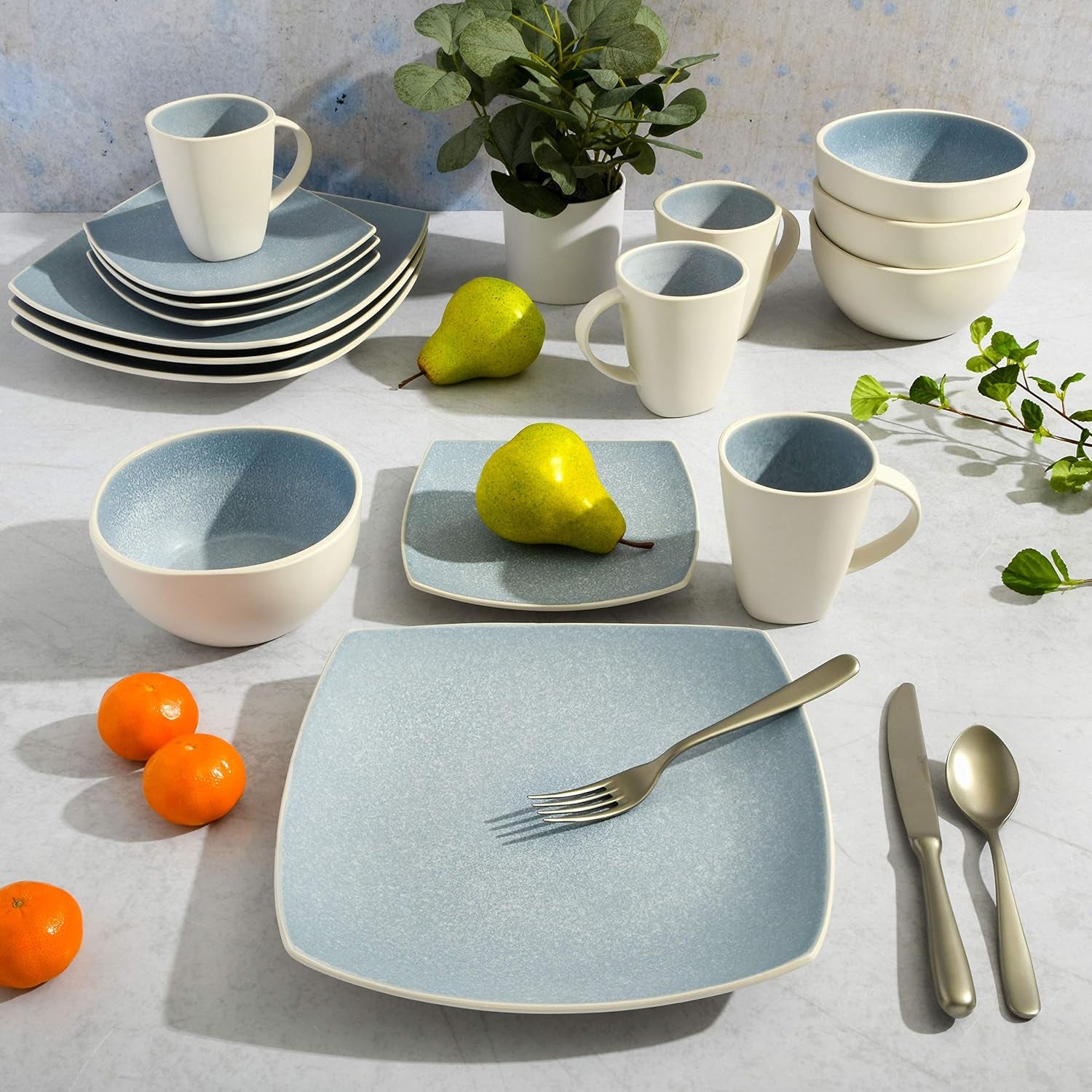 (16Pc) Gibson Soho Lounge Square Reactive Glaze Stoneware Dinnerware Set, Servi