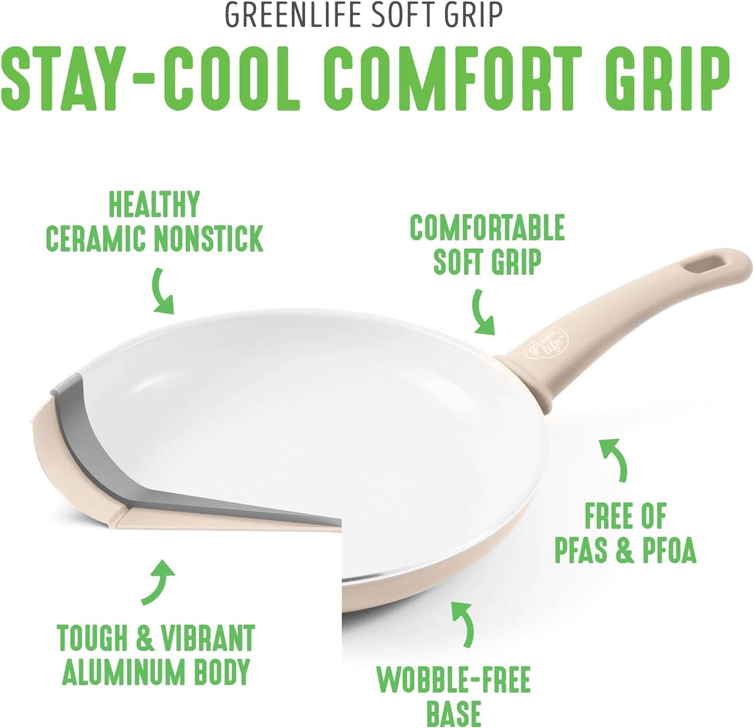 Greenlife Soft Grip Healthy Ceramic Nonstick 16 Piece Kitchen Cookware Pots and Frying Sauce Saute Pans Set, Pfas-Free with Kitchen Utensils and Lid, Dishwasher Safe, Taupe