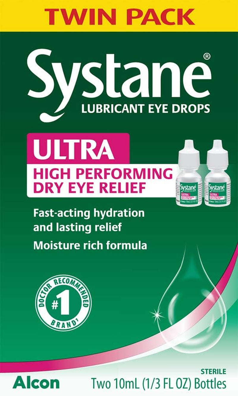 Systane Ultra Lubricant Eye Drops, Artificial Tears for Dry Eye, Twin Pack, 10-Ml Each