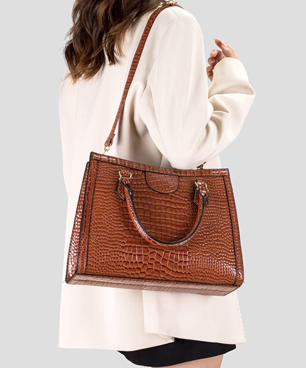 Top-Handle Satchel Tote Purse for Women Gloss Patent PU Crocodile Pattern Shoulder Bag Handbag