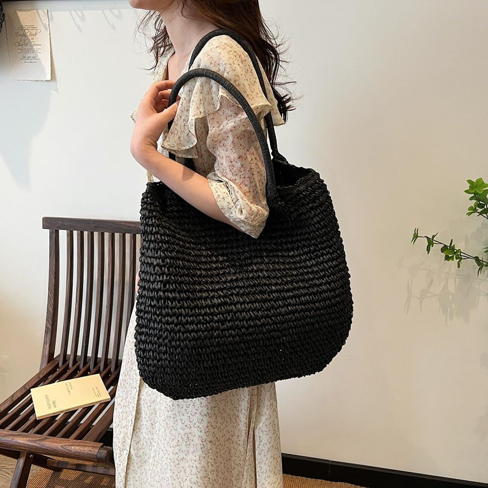 Beach Bags for Women, Large Woven Straw Tote Bag, Waterproof Beach Bag for Swim, Travel & Shopping, Stylish Weaving Handbag