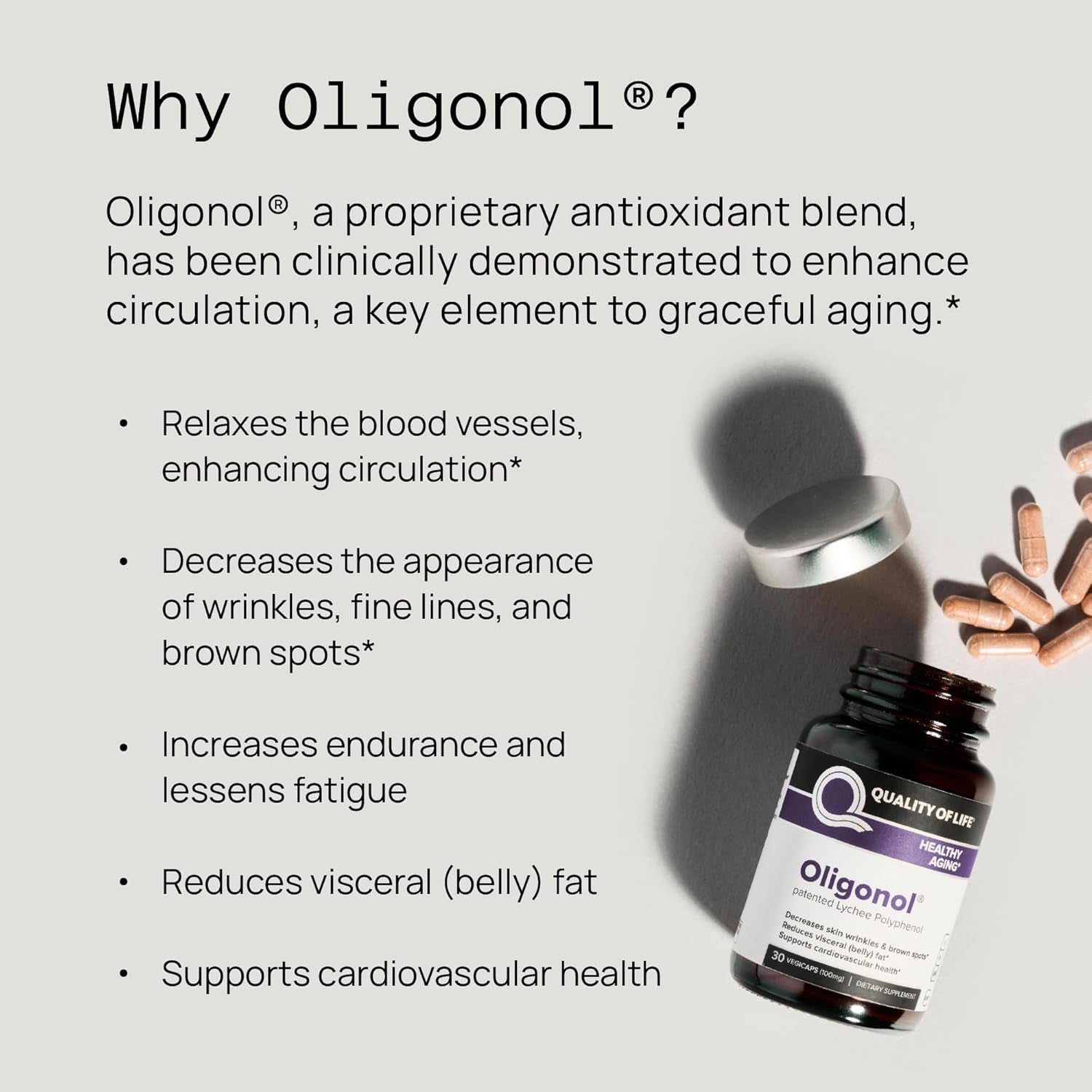Quality of Life Oligonol Premium anti Aging Supplement - Promotes Cardiovascular Health, Circulation & Youth, Includes Antioxidants - Lychee Fruit Extract - 30 Vegicaps