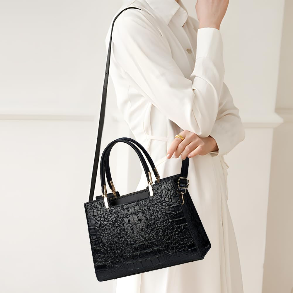 Women'S PU Leather Black Handbag - Crocodile Texture Tote Bag for Women with Top Handles and Adjustable Shoulder Strap, Stylish Satchel for Daily Use and Work