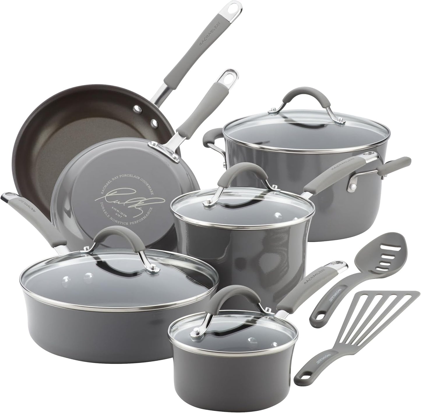 Rachael Ray - 16802 Rachael Ray Cucina Nonstick Cookware Pots and Pans Set, 12 Piece, Sea Salt Gray