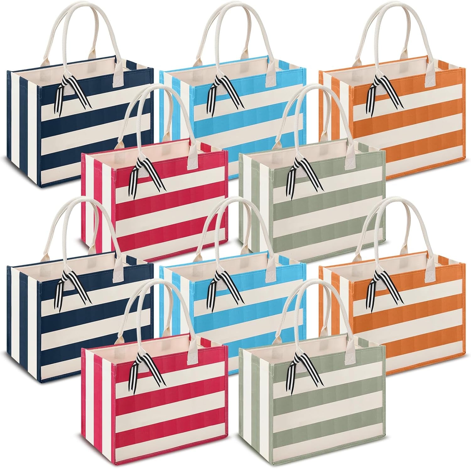 10 Pcs Canvas Tote Bags Bulk for Women Canvas 17 X 12 X 8 Inch Waterproof Stripe Sandproof Large Beach Tote Bags with Handle for Wedding Bridesmaid Birthday Summer