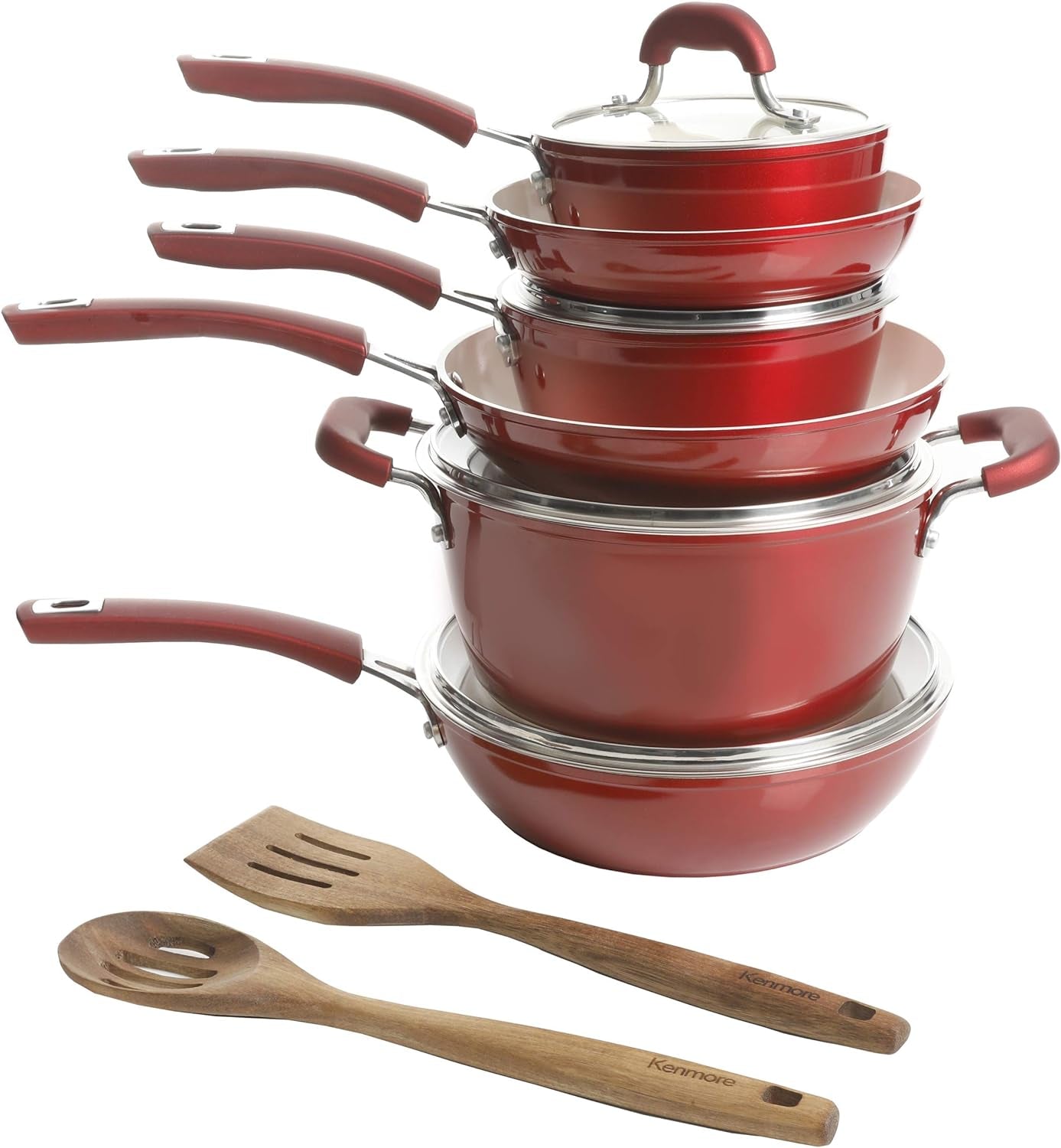 Kenmore Arlington Healthy Nonstick Ceramic Coated Forged Aluminum Induction Cookware, 12-Piece, Metallic Red