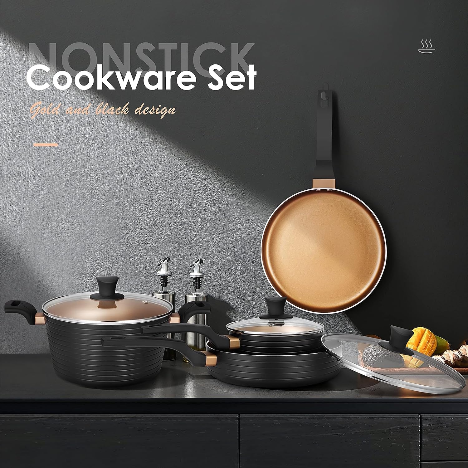 Pots and Pans Sets, Nonstick Cookware Set, Induction, Chemical-Free Kitchen Sets, Saucepan, Frying Pan, Saute Pan, Black, 9 Pieces