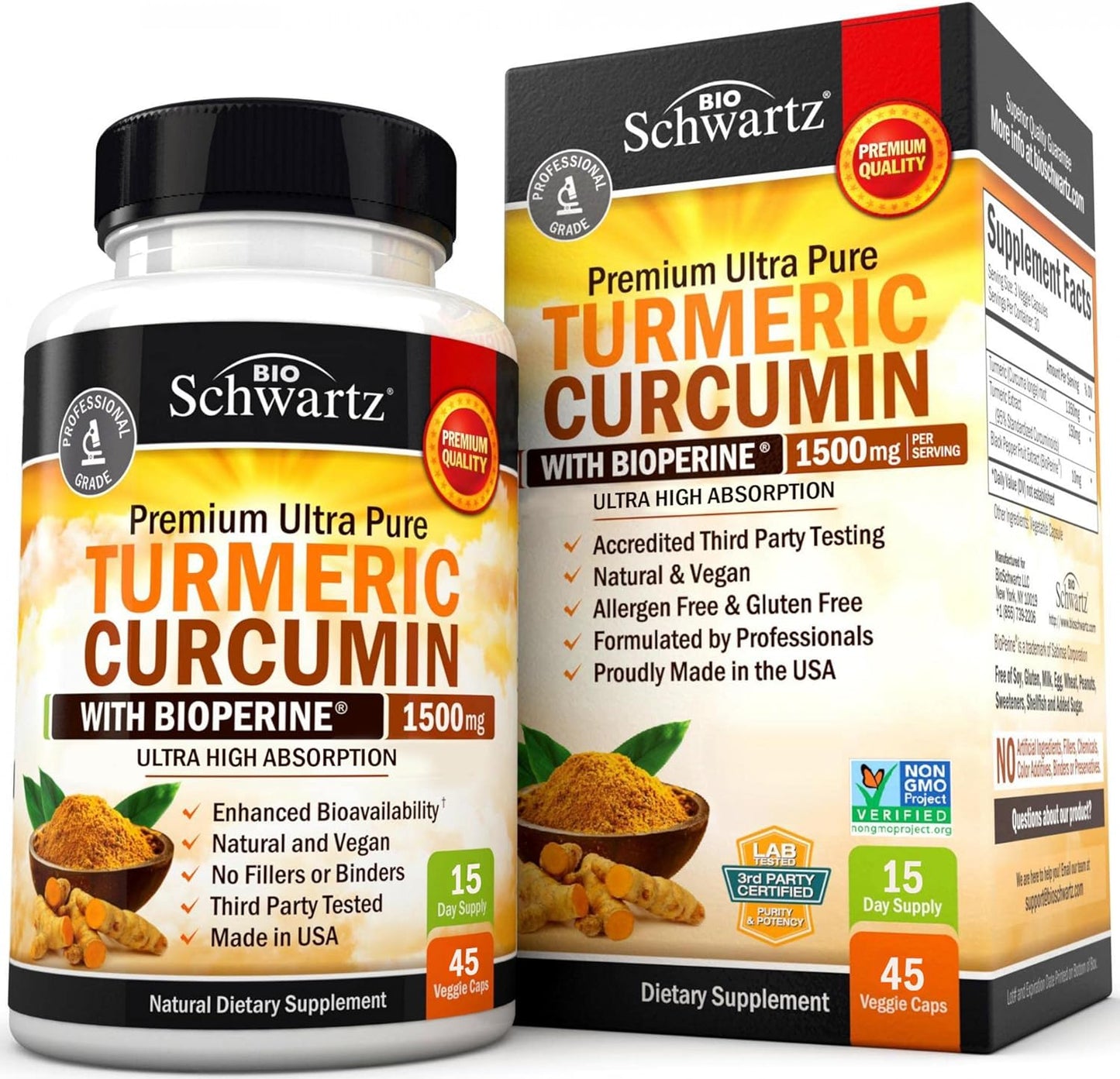 Turmeric Curcumin with Black Pepper Extract 1500Mg - High Absorption Ultra Potent Turmeric Supplement with 95% Curcuminoids and Bioperine - Non GMO Turmeric Capsules for Joint Support - 45 Capsules