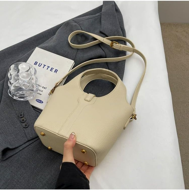Women Bucket Bags PU Leather Hobo Bag Fashion Shoulder Crossbody Vintage Tote Small Handabg Purse (Beige, W23*H15*D13 Cm)