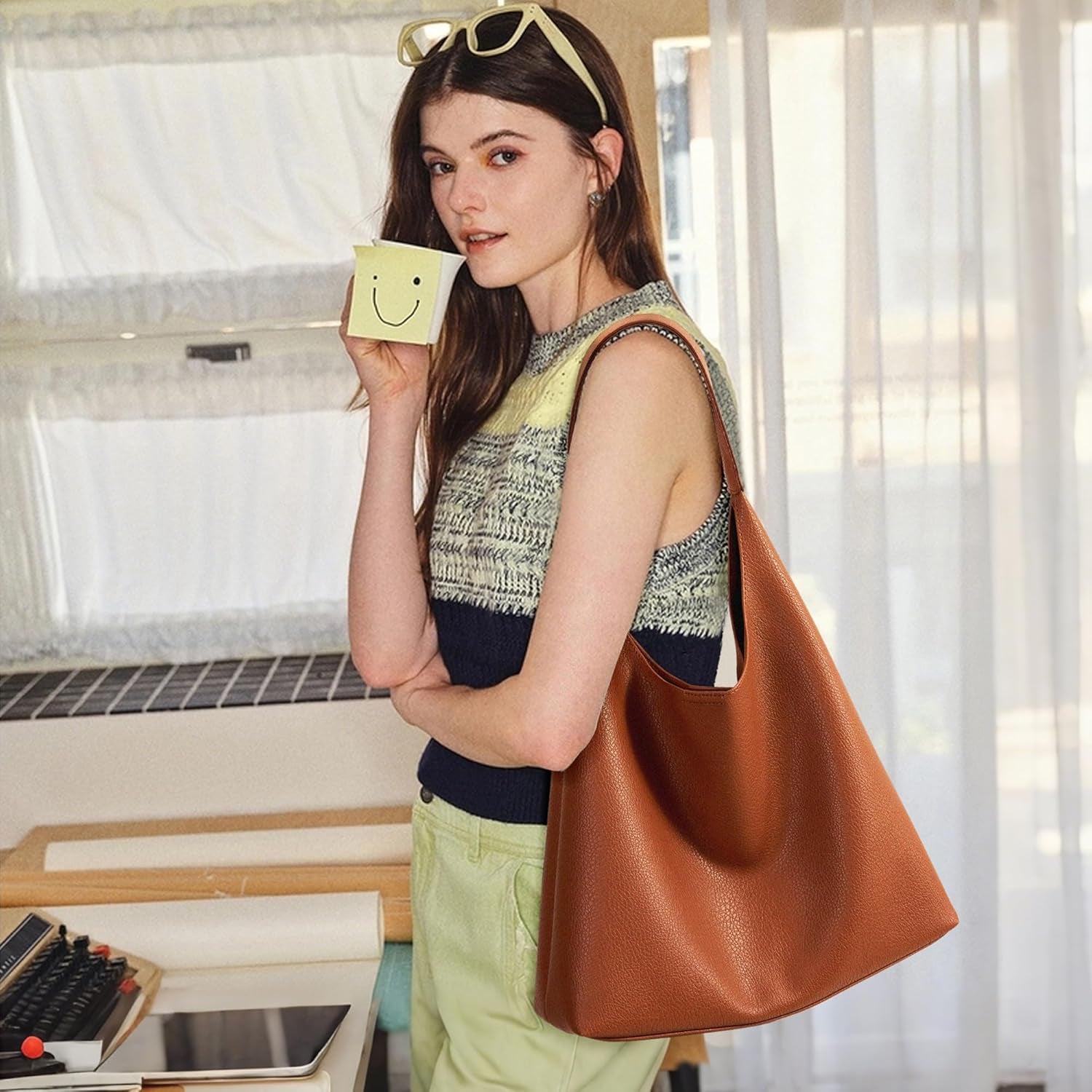 KALIDI Slouchy Hobo Bag Vegan Leather Suede Tote Bag Women Weekender Shoulder for Casual Travel Purse
