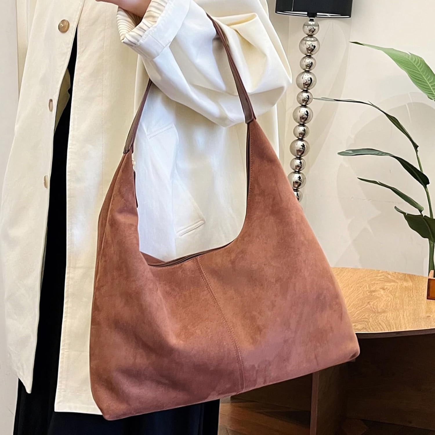 Suede Leather Hobo Bags for Women- Slouchy Tote Bag Brown Suede Fall Bag Hobo Shoulder Purse with Zipper