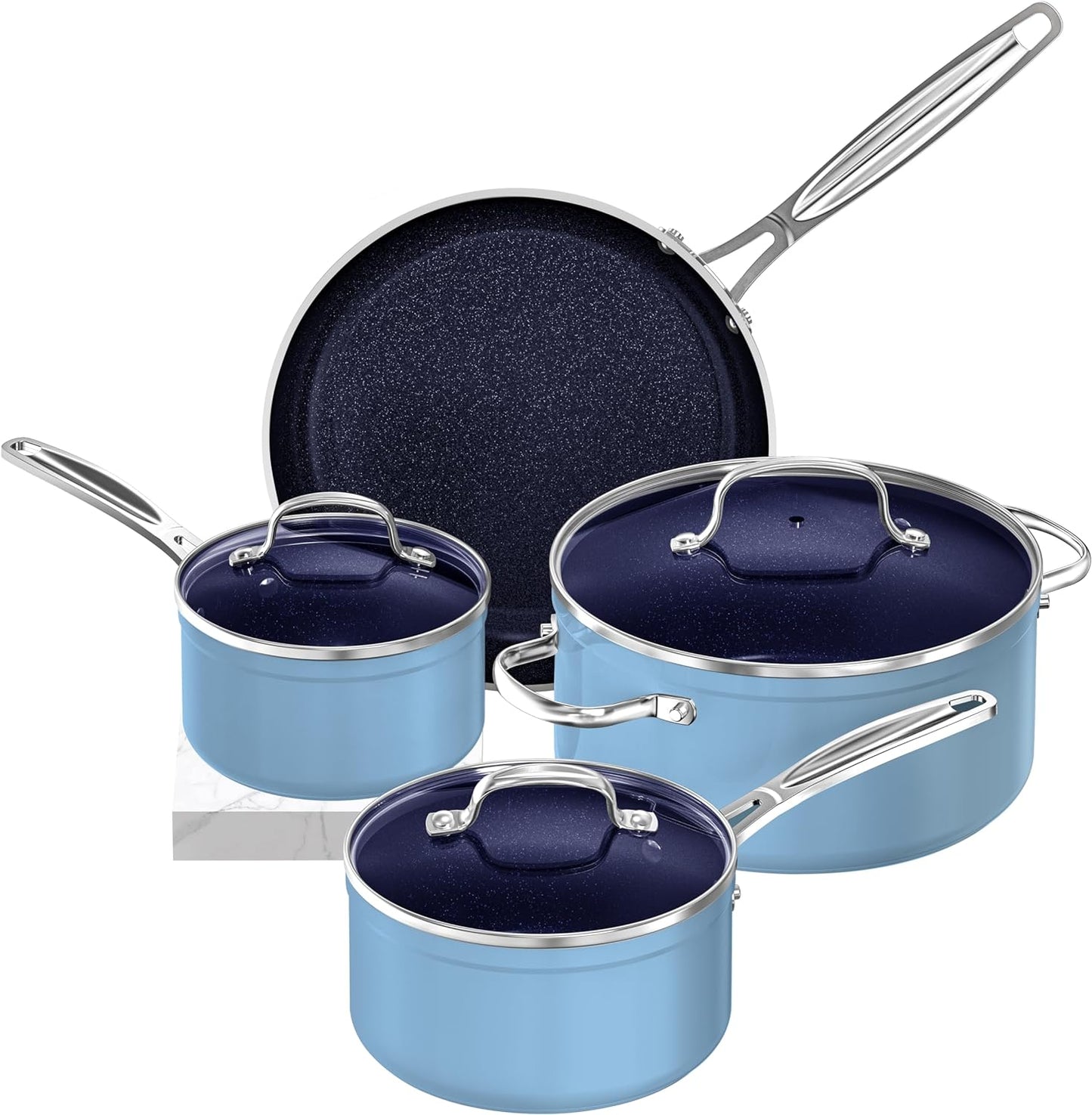 Nuwave 7Pc Cookware Set Healthy Duralon Blue Ceramic Nonstick Coated, Diamond Infused Scratch-Resistant, PFAS Free, Oven Safe, Induction Ready & Evenly Heats, Tempered Glass Lids & Stay-Cool Handle