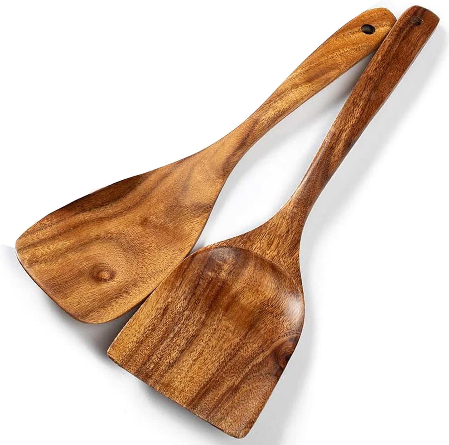 Wooden Kitchen Utensils Set, 2 Pcs Natural Acacia Wooden Cooking Spurtle Set for Non-Stick Pan Kitchen Tool Cooking Ladle and Wok Spatulas, Wooden Spoons for Cooking