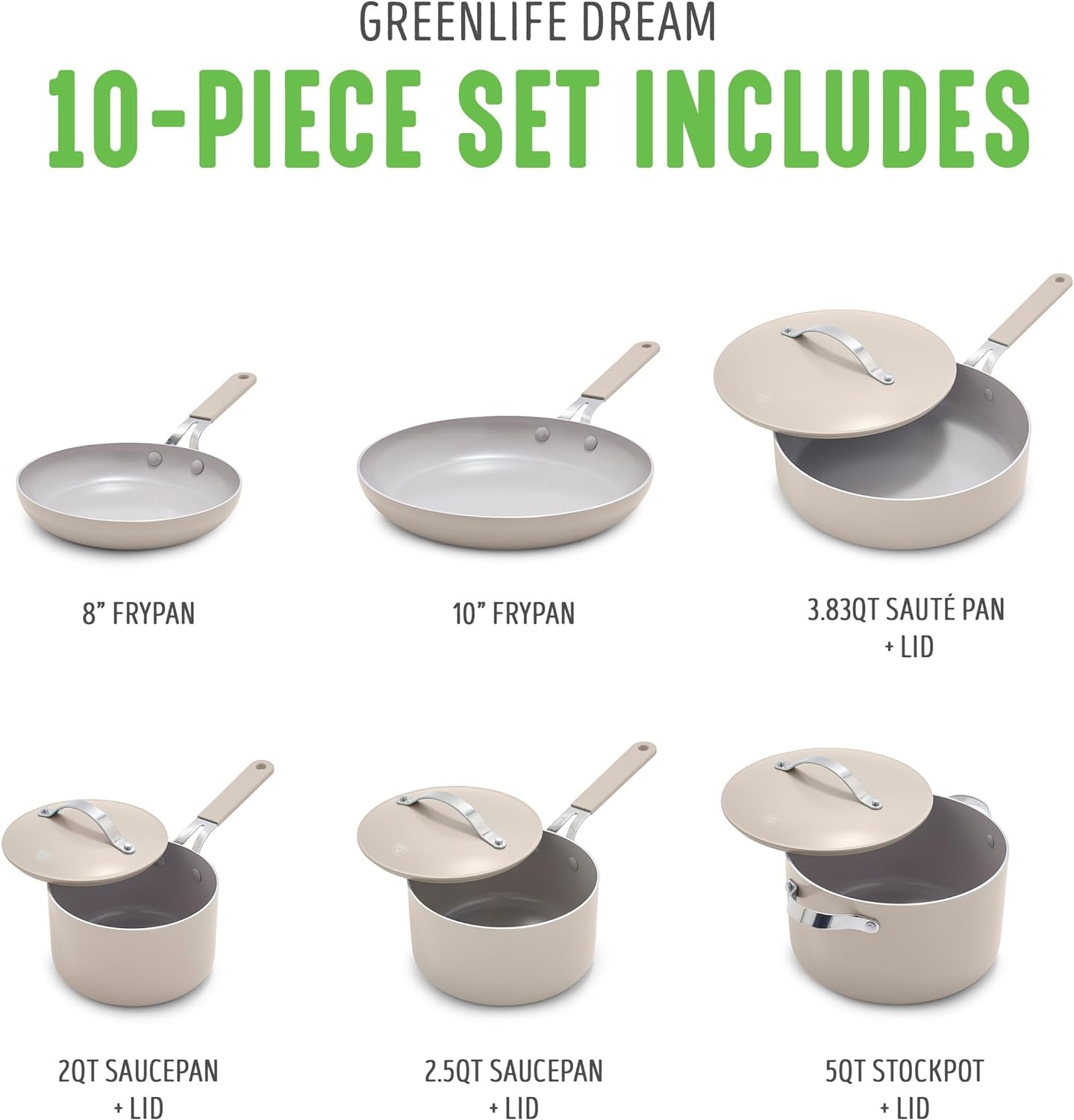 Greenlife Dream 10-Piece Ceramic Nonstick Cookware Set, Pots Frying & Sauce Pans, Pfas-Free & Pfoa-Free, Dishwasher & Oven Safe, Stay-Cool Handles, Durable Aluminum Body, Versatile Cooking, Taupe