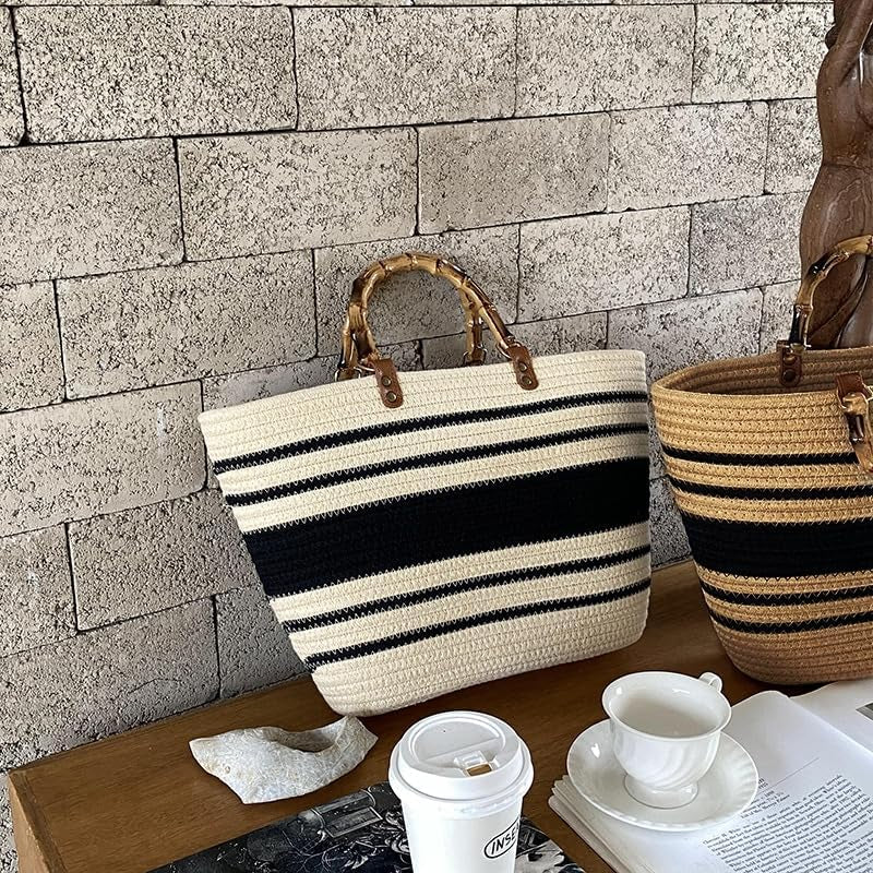 Women'S Tote Bag with Bamboo-Inspired Resin Handles Large Straw Tote Bag Woven Handbag Shoulder Bag for Vacation