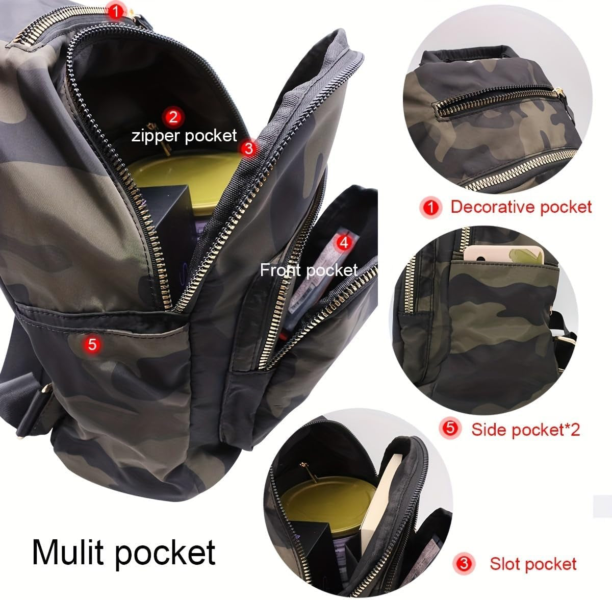 Women Nylon Medium Backpack Anti-Theft Fashion Casual Lightweight Travel Shoulder Bag Tote Bag (Camo)
