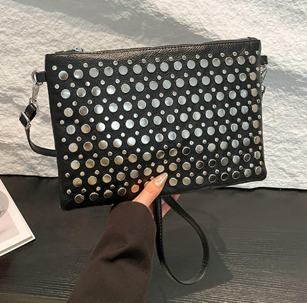 Y2K Crescent Crossbody Purse Women 90S PU Leather Trendy Studded Shoulder Satchels Hobo Bags Punk Underarm Tote Handbag