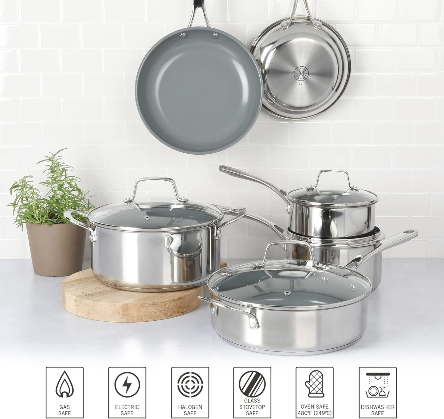 Martha Stewart Delaroux 10 Piece Stainless Steel Cookware Set W/Pfas Free Premium Nonstick Ceramic Interior