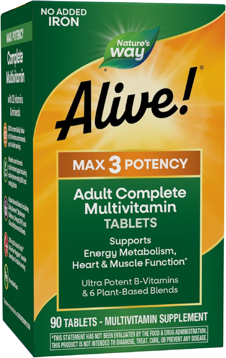 Nature'S Way Alive! Max3 Potency Adult Complete Multivitamin, High Potency B-Vitamins to Support Energy Metabolism*, with Methylated B12 and Folate, No Added Iron, 90 Tablets